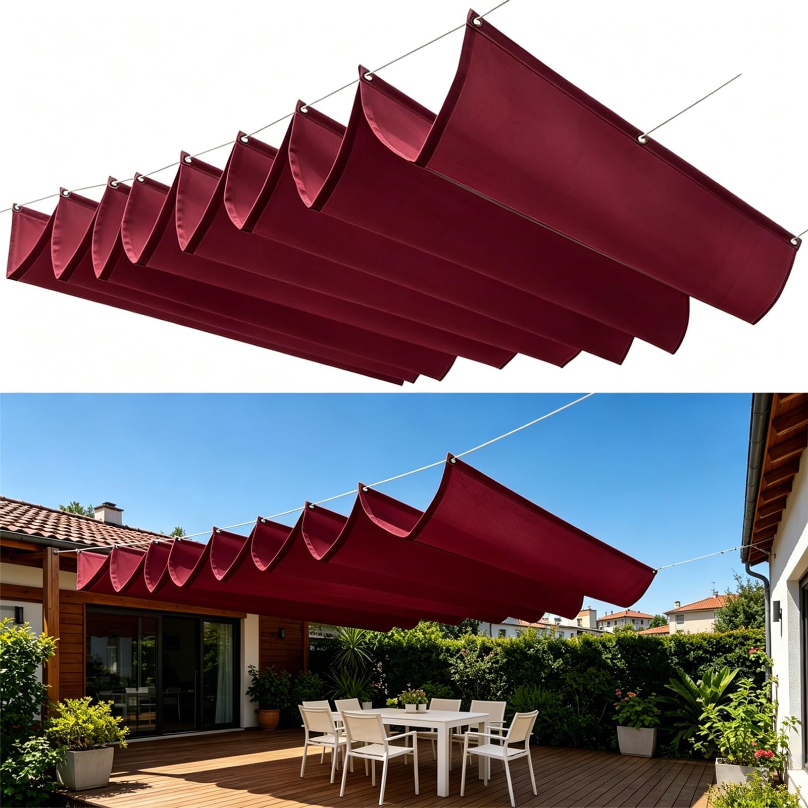 Toldo Retráctil de Onda 100 x 750 cm Impermeable Ondulada Toldos Exterior Protección Rayos UV Resistente Al Desgarro con Ojales y Cuerdas para Jardín Porche Patio Barbacoa, Vino Tinto