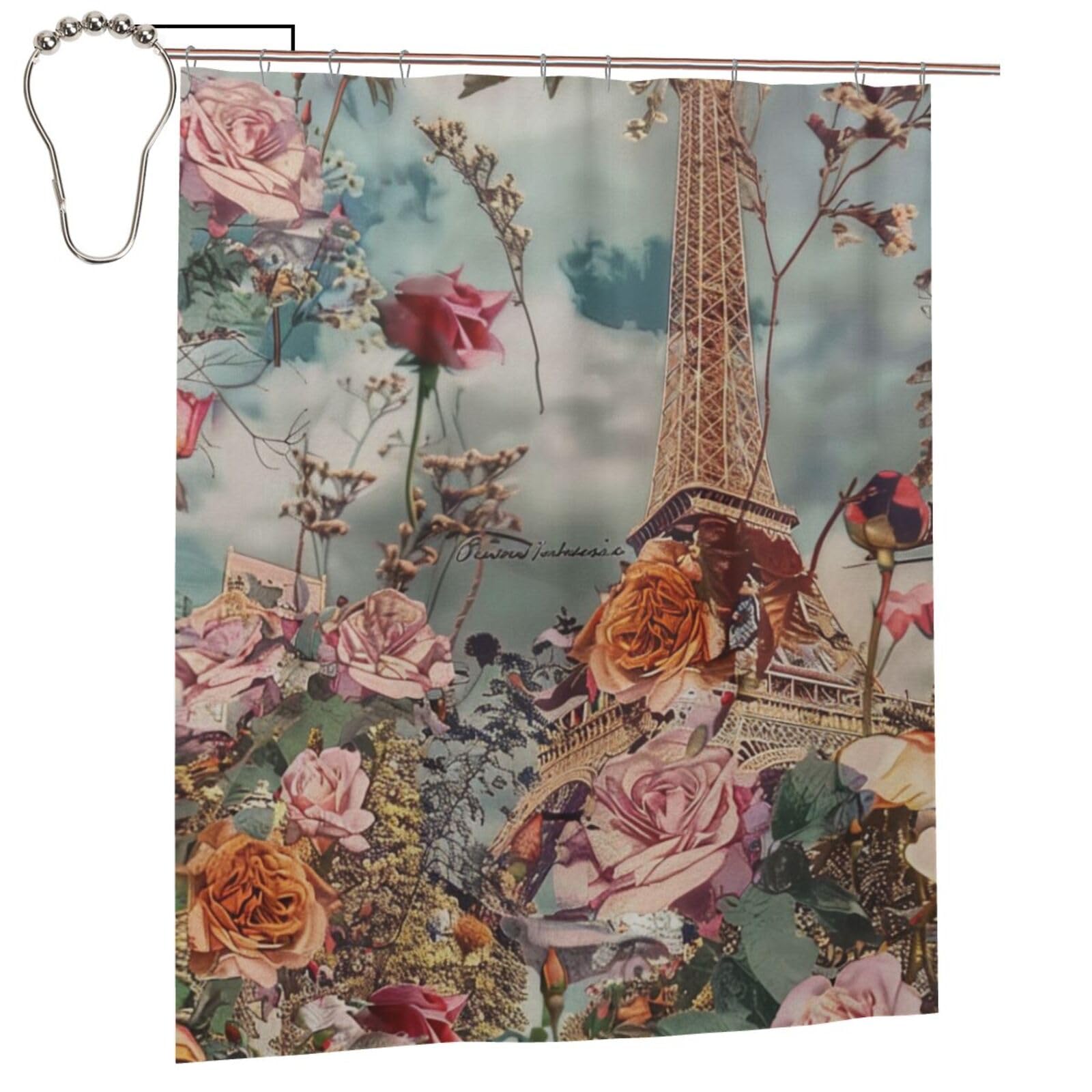 BWWHCCTI Flower Paris Eiffel Tower Printed Shower Curtain With 12 Iron Hooks Opaque Quick Drying Waterproof Shower Curtains Sets For Bathroom 152x183 Cm