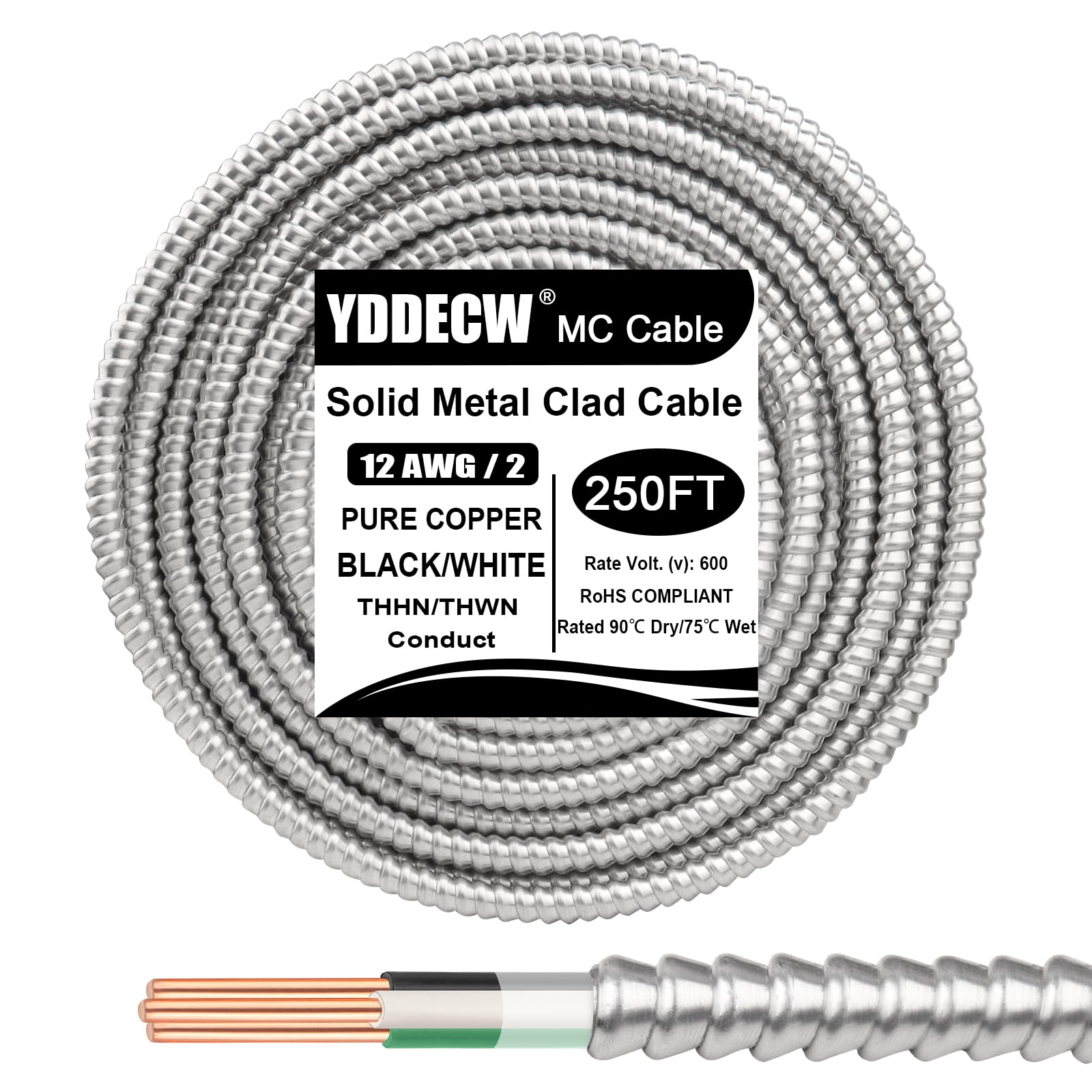 250ft 12/2 Metal Clad (MC) Cable with Ground, 12 Gauge Electric Wire with Aluminum Armor, Solid Bare Copper Conductors for Indoor Outdoor Underground Embedded Installation (12/2, 250 ft)