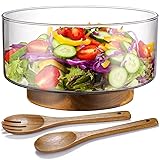 NiHome Glass Salad Bowl with Acacia Wood Salad Tongs, Large Capacity Design with Enhanced Stability, Versatile Serving Dish for Salads, Fruits, Ideal for Gatherings & Daily Family Dining