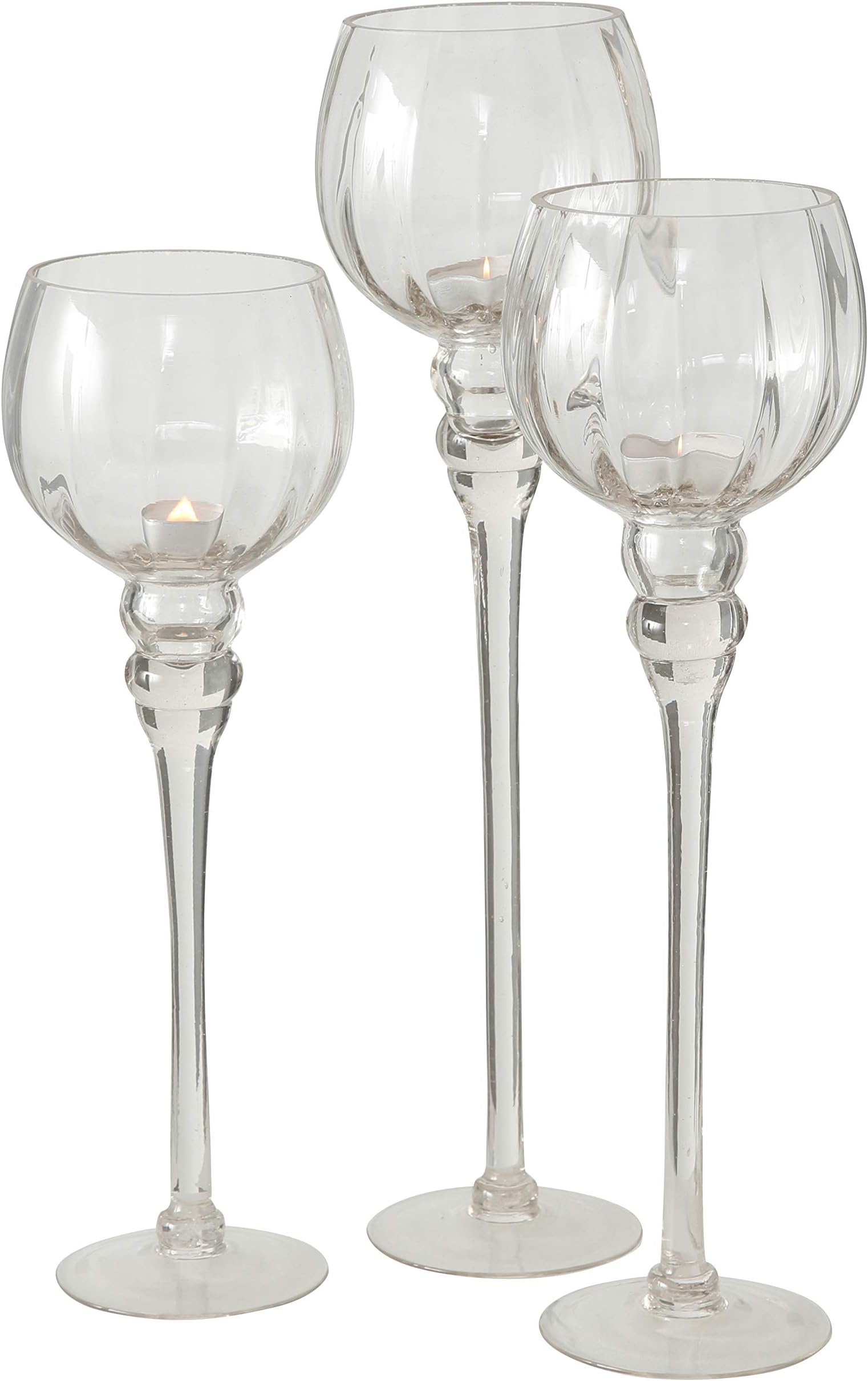WHW Whole House Worlds Spectacular Cape Cod Long Stem Candle Holders, Set of 3, Crystal Clear Ribbed Glass, Each Over 1 Ft Tall, (19, 16 1/2 and 15 Inches Tall) for Tealight or Votive Candles