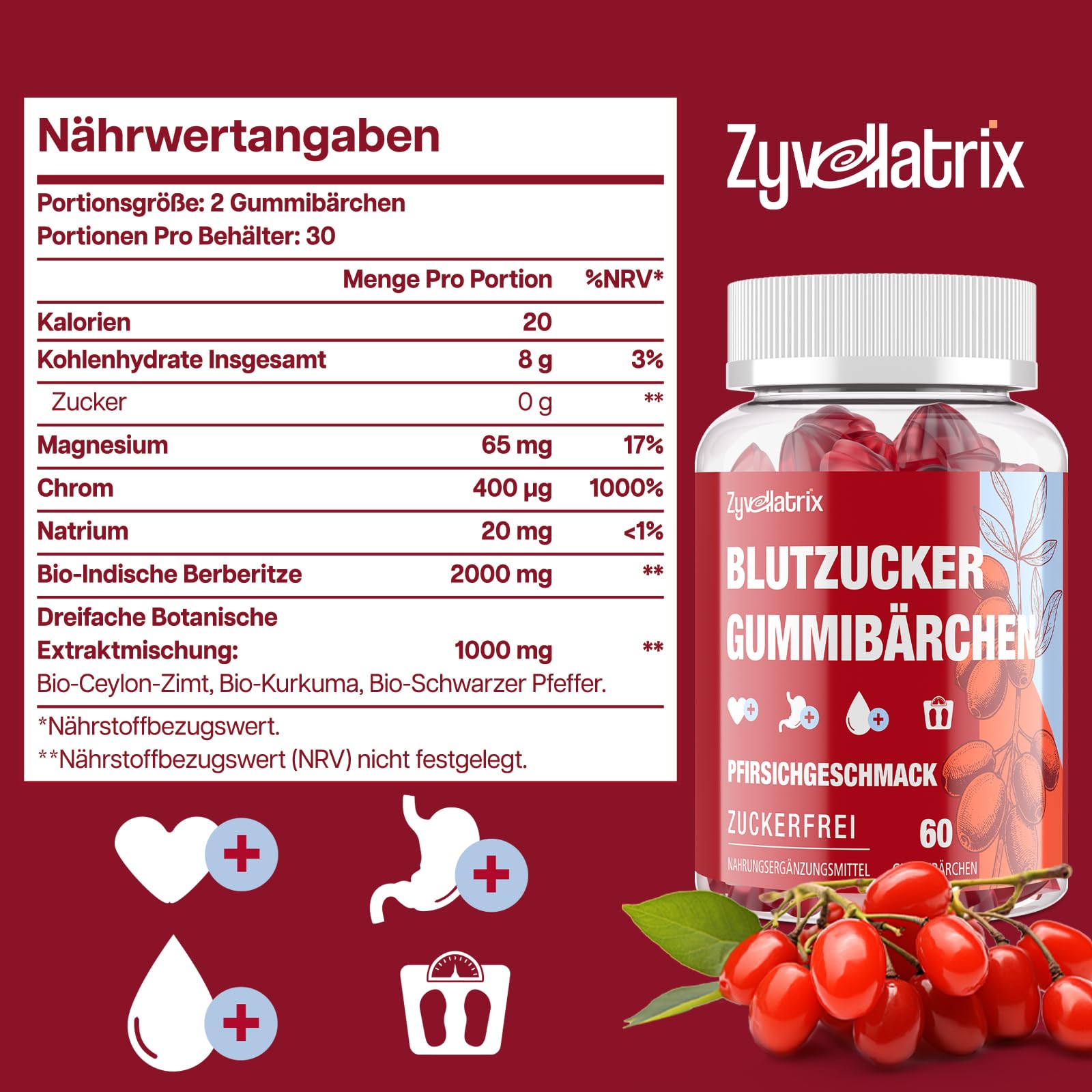Berberin Gummies – 2000mg Hochdosiert Berberine – mit Ceylon-Zimt, Kurkuma, Schwarzem Pfeffer, Magnesium & Chrom – Zuckerfrei, Vegan – Unterstützt Gewichts & Herzgesundheit – 60 Pfirsich Gummibärchen