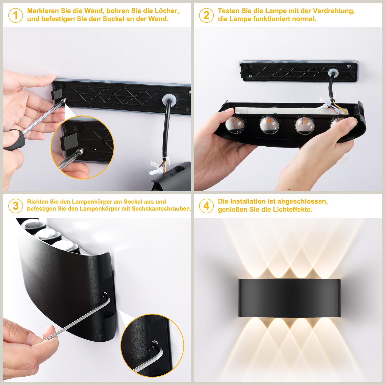 Oraymin Lampada da parete a LED per interni ed esterni, 8 W, IP65, con 8 sorgenti luminose, 3000 K, luce bianca calda, lampada a LED in alluminio, per soggiorno, camera da letto, corridoio, balcone
