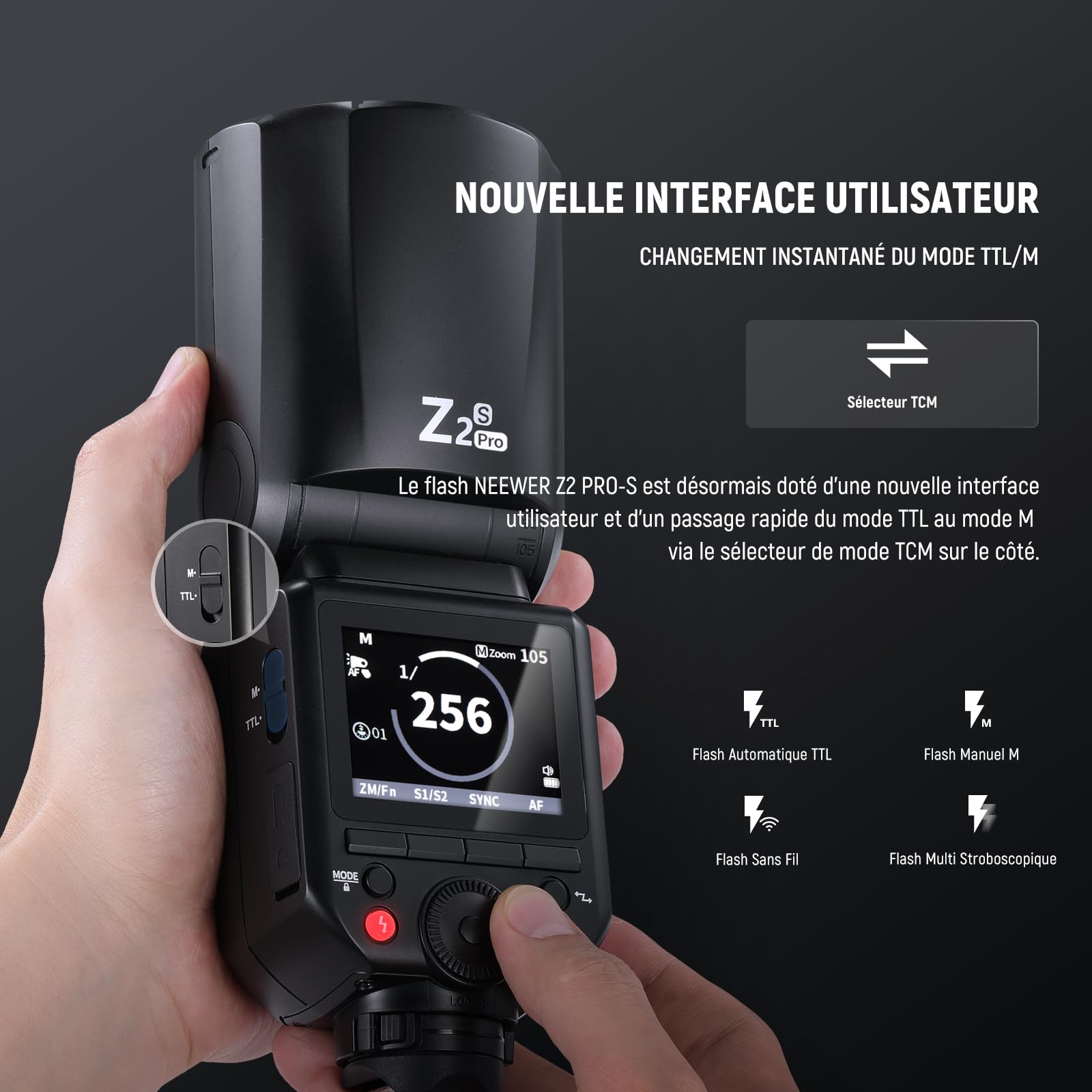 NEEWER Z2PRO-S Flash 2.4G TTL Tête Ronde,sans Fil Compatible avec Sony & Godox,76Ws,1/8000s HSS,Interface Utilisateur Améliorée,Commutateur TTL/M TCM,3000mAh,éclairage Pleine Puissance(600W),Diffuseur