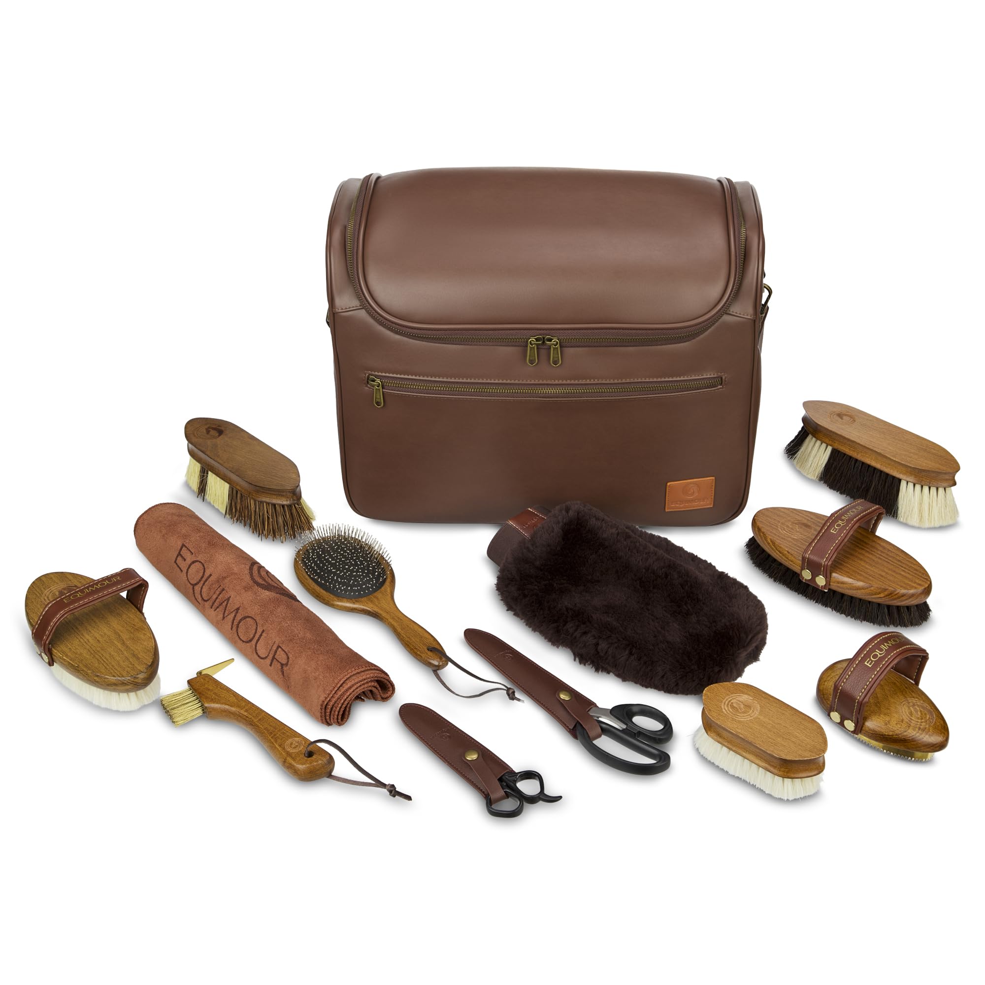 Set Completo Cura del Cavallo - 12 Pezzi con Borsa da Pulizia | Set 12 pezzi premium: cardatrice, spazzole, striglia, forbici, nettazoccoli e borsa in pelle vegana