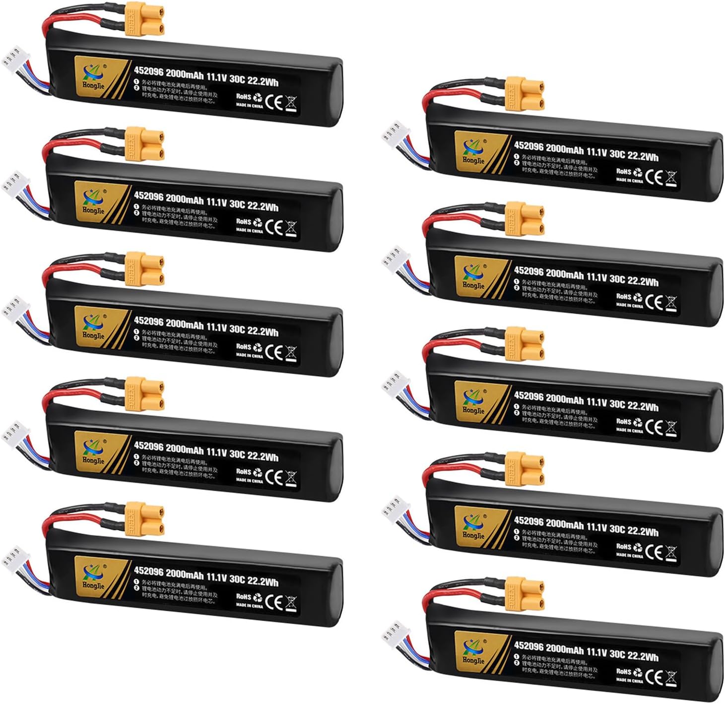 XXSTAR 10 Pack Airsoft Batteries 11.1V 2000mAh 452096 Lipo Airsoft Gun Batteries with XT30 Connector for Airsoft Model Guns Rifle Rechargeable Batteries
