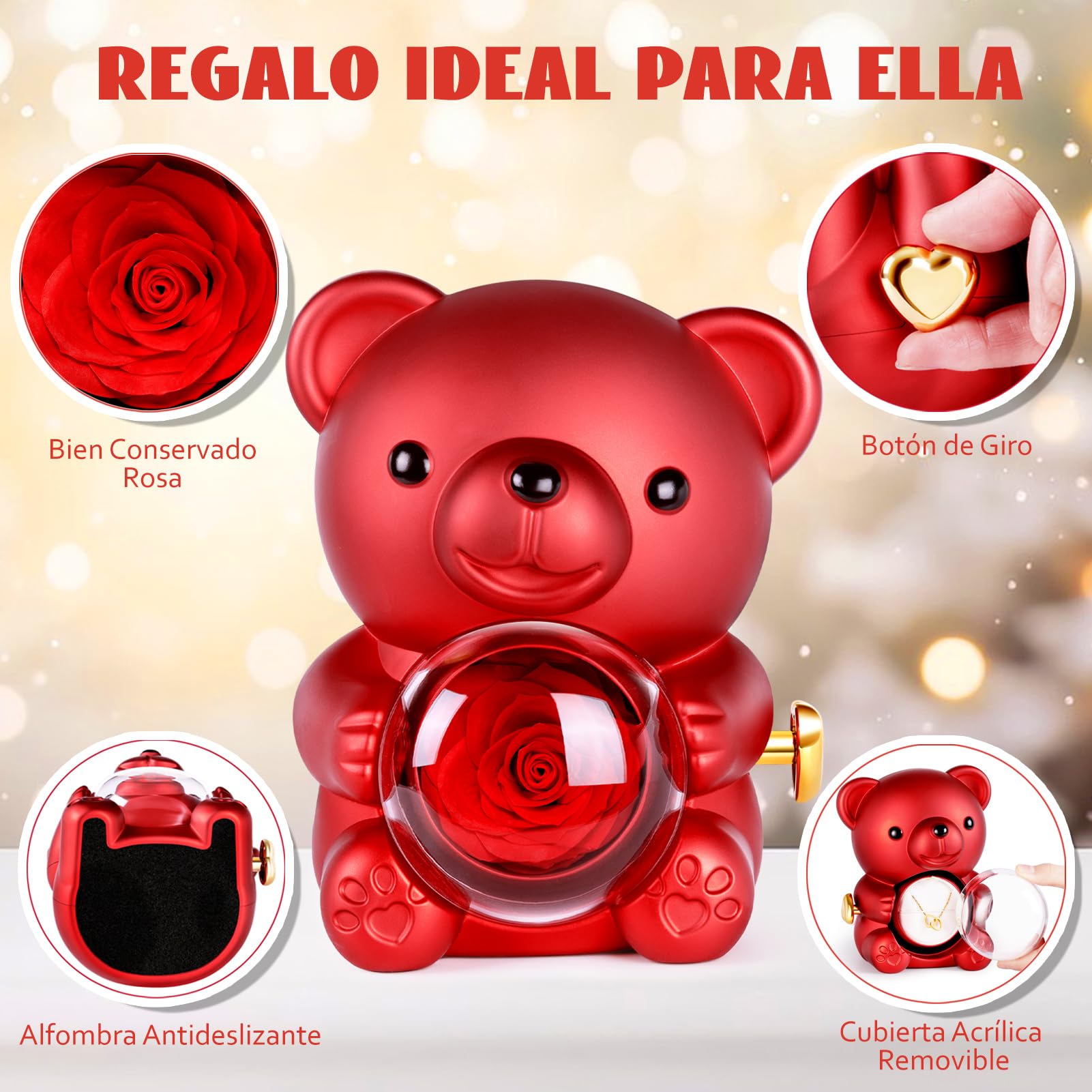 Oso con Rosa Eterna y Collar, Flor Eterna con Osito,Osito con Colgante Dentro,Regalo para Ella Oso- Regalos para Mujer día de San Valentín, Cumpleaños,Regalo Mamá Navidad