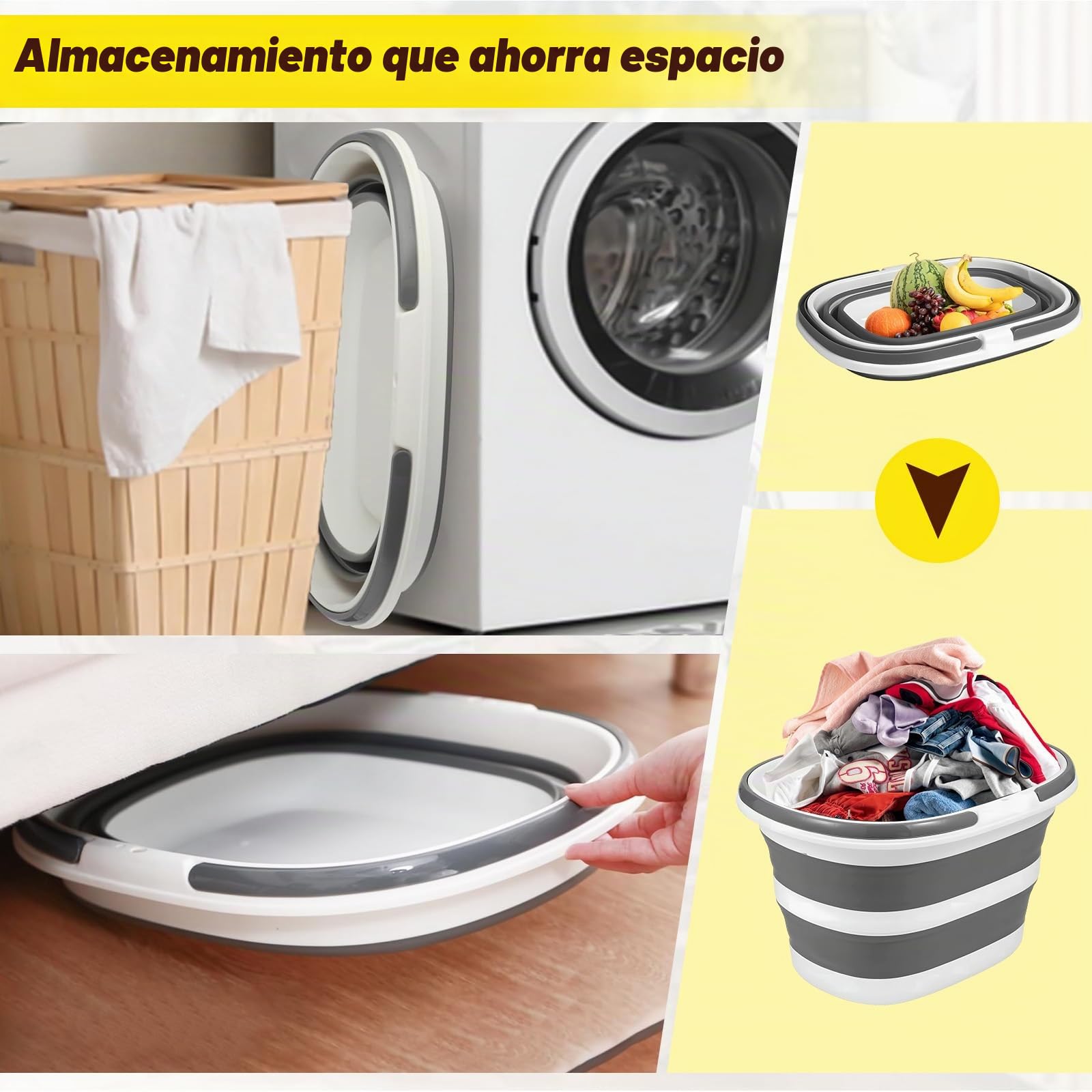 Cubo Plegable de Silicona y Plástico 16L con Asas, Barreño Limpieza Portátil, Palangana Ahorra Espacio, Balde de Agua Multiusos, Cesta Colada Casa para Camping, Excursiones, Cocina, Aire Libre y Coche