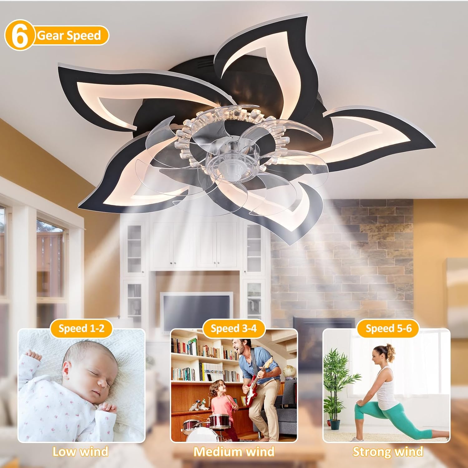 MeiMeiDa 27" Modern Ceiling Fan with Lights Remote Control, Low Profile Ceiling Fan with Lights, Flush Mount Smart Ceiling Fan Light for Bedroom Living Room Kitchen, Reversible Blades, Black
