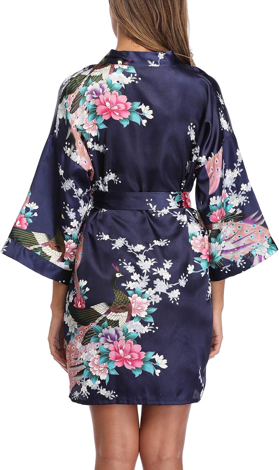 Women's Floral Kimono Satin Short Robe Peacock and Blossom Soft Bathrobe for Wedding Party Getting Ready - Image 3