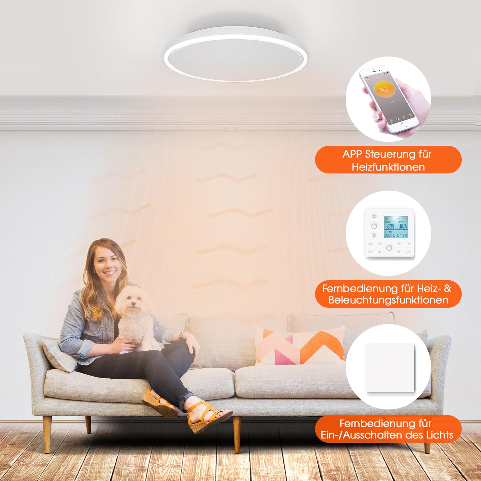Calefactor infrarrojo de techo de 1440W Redondo, calefactor infrarrojo de con luz LED, calefactor radiante de con termostato y mando a distancia, calefactor eléctrico, panel calefactor, radiador