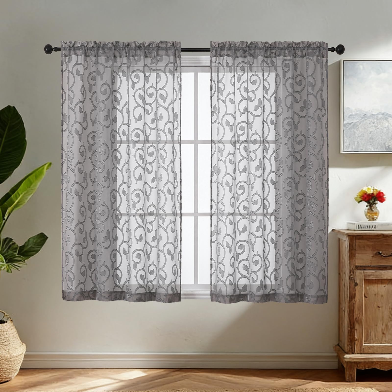 Simplebrand Charcoal Gray Sheer Voile Curtains with Embroidered Pattern, 2 Panels 140x122cm, Dual Rod Pocket Light Filtering Curtains for Kitchen Café Window