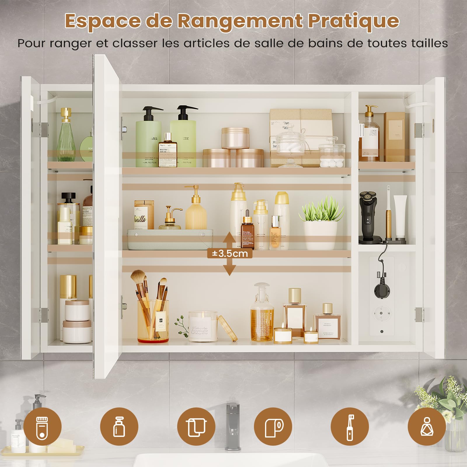 Armoire de Salle de Bain avec Éclairage LED, Prise, 3 Températures