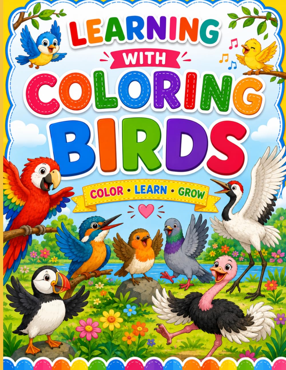 Learning with Coloring : Birds Coloring Book For Kids: Fun Bird Coloring Book for Kids Ages 2–8 | Learn Bird Names While Coloring Cute and Easy Bird ... Preschool, Kindergarten, and Early Learners