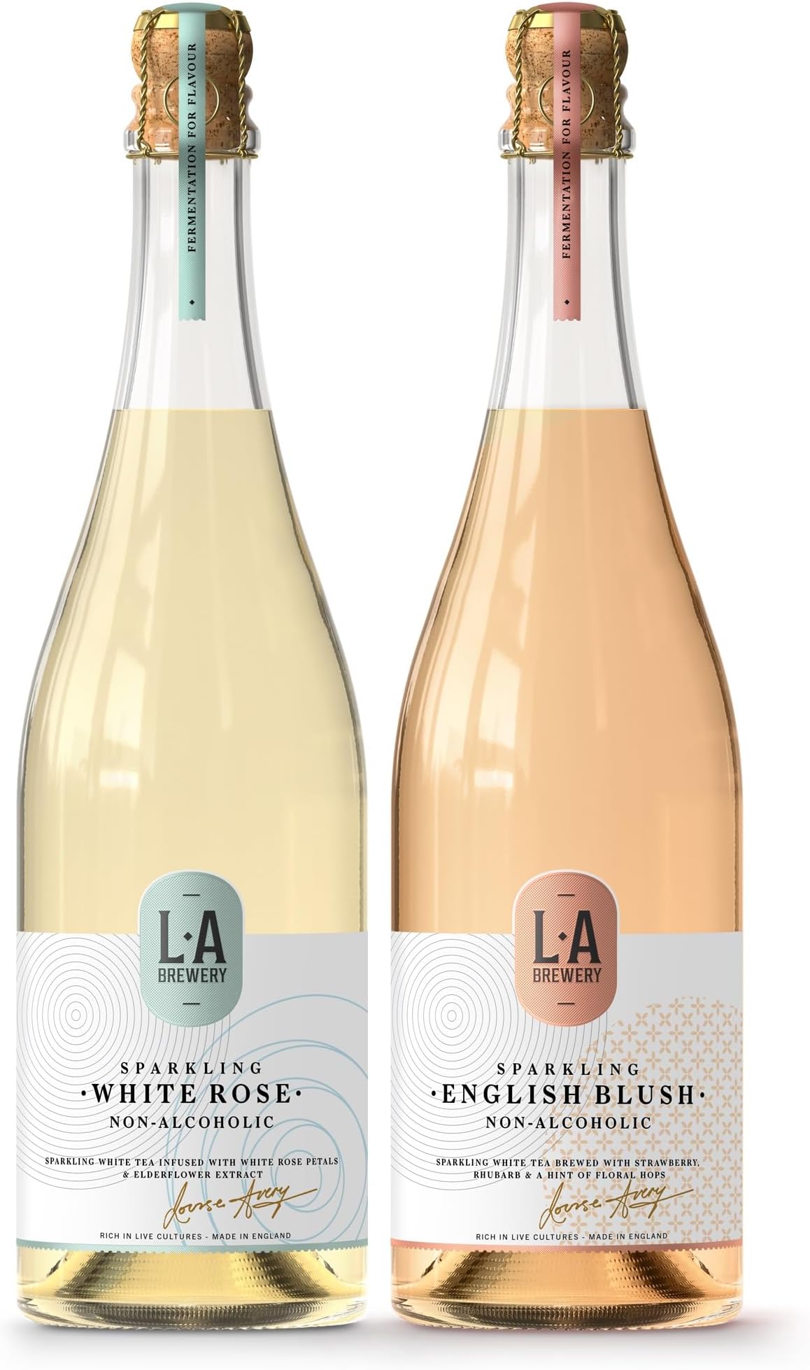 L A Brewery | Non Alcoholic Sparkling Craft Kombucha Drink - New English Blush and Sparkling White Rose Twin Pack 2 x 750ml - Low Calorie Kombucha Tea, Gluten Free & Vegan Soft Drinks Brewed in the UK