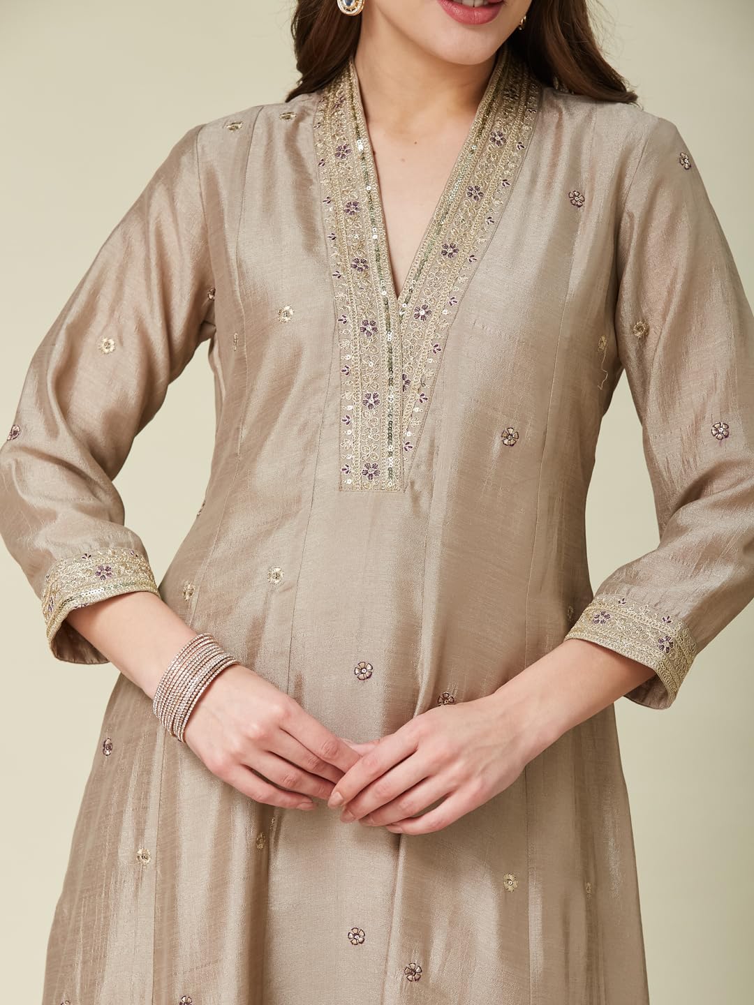 MOKOSH Women's Silk Embroidered Kurta Pant Dupatta Set (474-01-M) Grey - Image 4 thumbnail