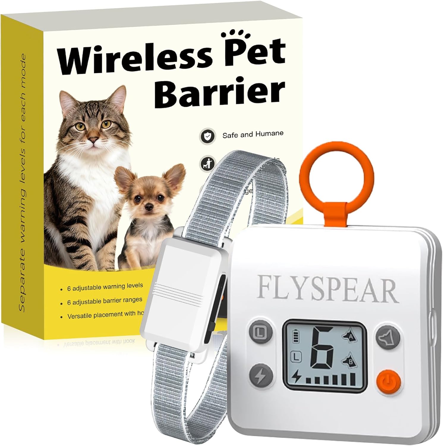 FLYSPEAR Wireless Cat Barrier - Rechargeable Indoor Barrier with 6 Adjustable Range Radius up to 7 ft, 6 Adjustable Safe Static Intensity, Electric Fence System for Cats Small Dogs with Hook (White)