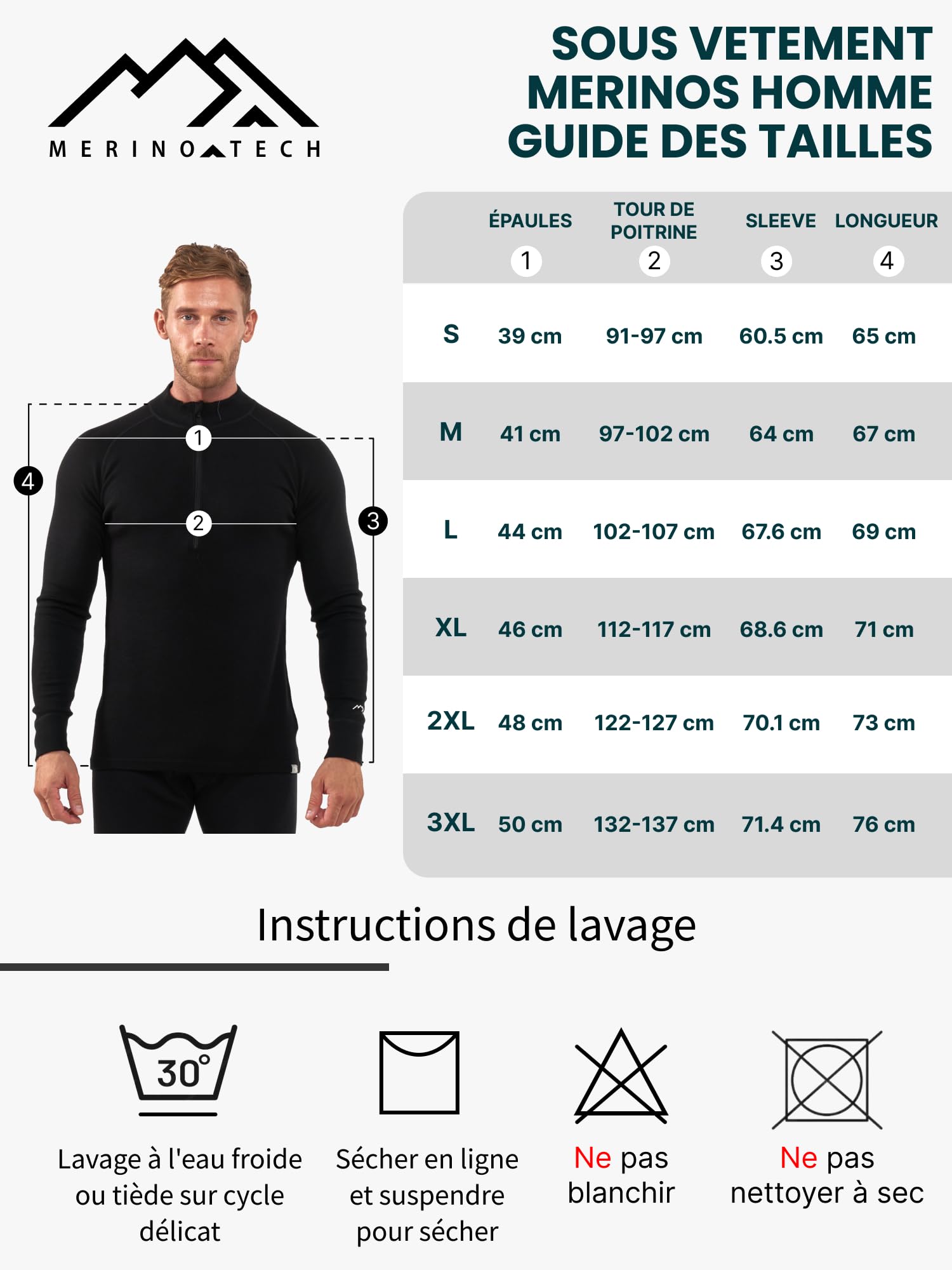 Merino.tech Demi-Zip Pull Merinos Homme - 100% sous Vetement Merinos Homme Léger, Moyen, Lourd et Chaussettes