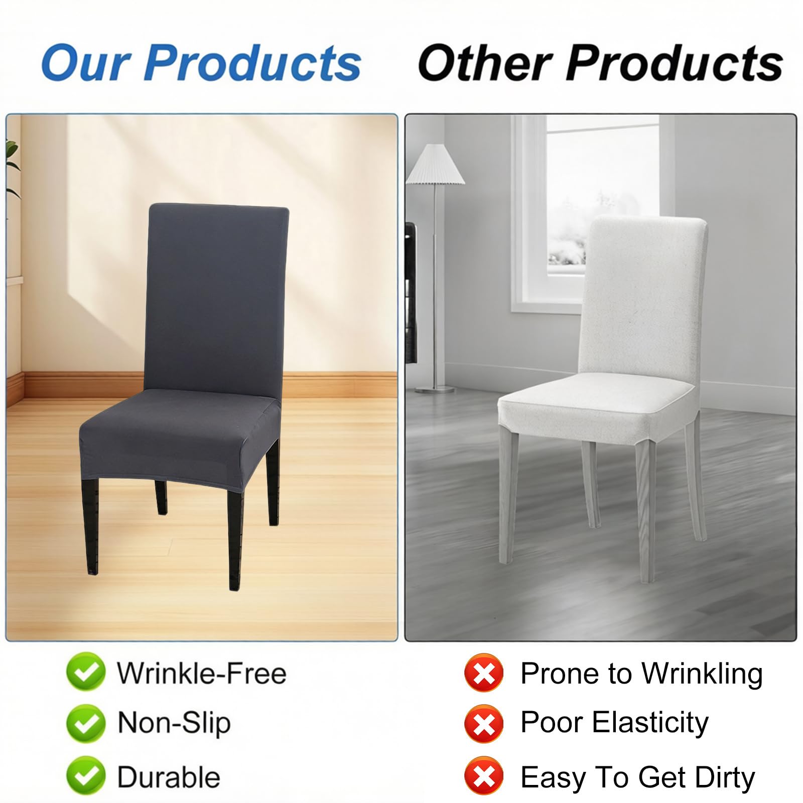 6 Piezas Fundas Sillas de Comedor, Fundas para Sillas de Comedor, Fundas Sillas, Funda para Sillas Elástica, Ajustables, Lavables y Extraíbles, para Salón, Cocina, Oficina, Gris