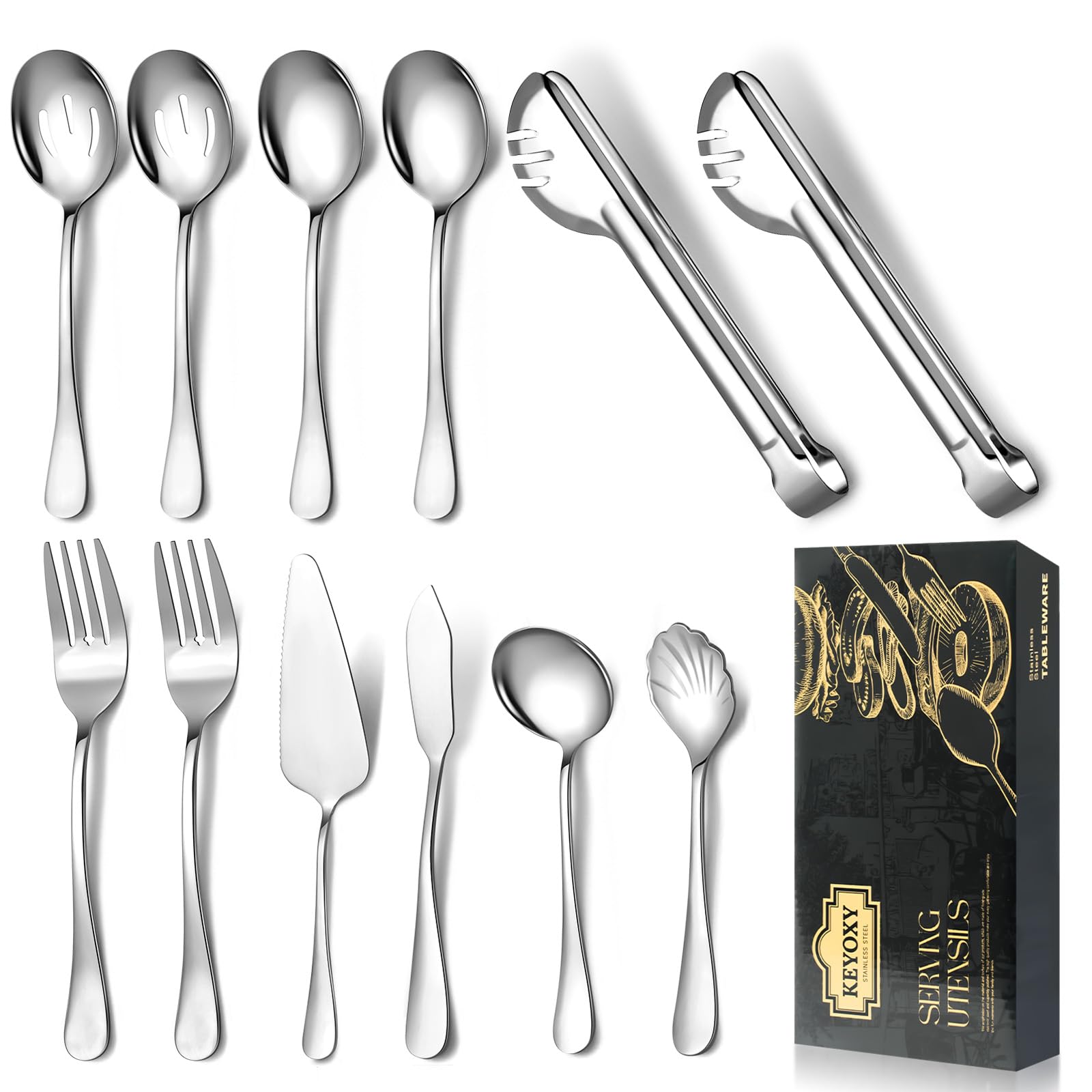 Serving Utensils,12 Pcs Stainless Steel Serving Utensil with Serving Spoon,Slotted Spoons,Forks,Soup Ladle,Serving Tongs,Pie Server,Butter Knife Serving Utensils Set for Parties,Buffe