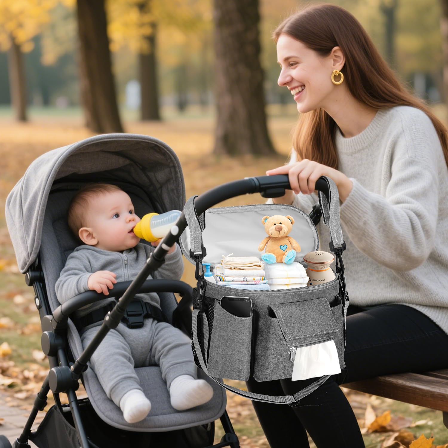 HOTUT Bolso Carro Bebé Universal, Bolsa Organizadora de Cochecitos para Mamá, Universal Impermeable Multifuncional de Gran Capacidad, 2 Bolsillos de Malla y Correas de Hombro Ajustables