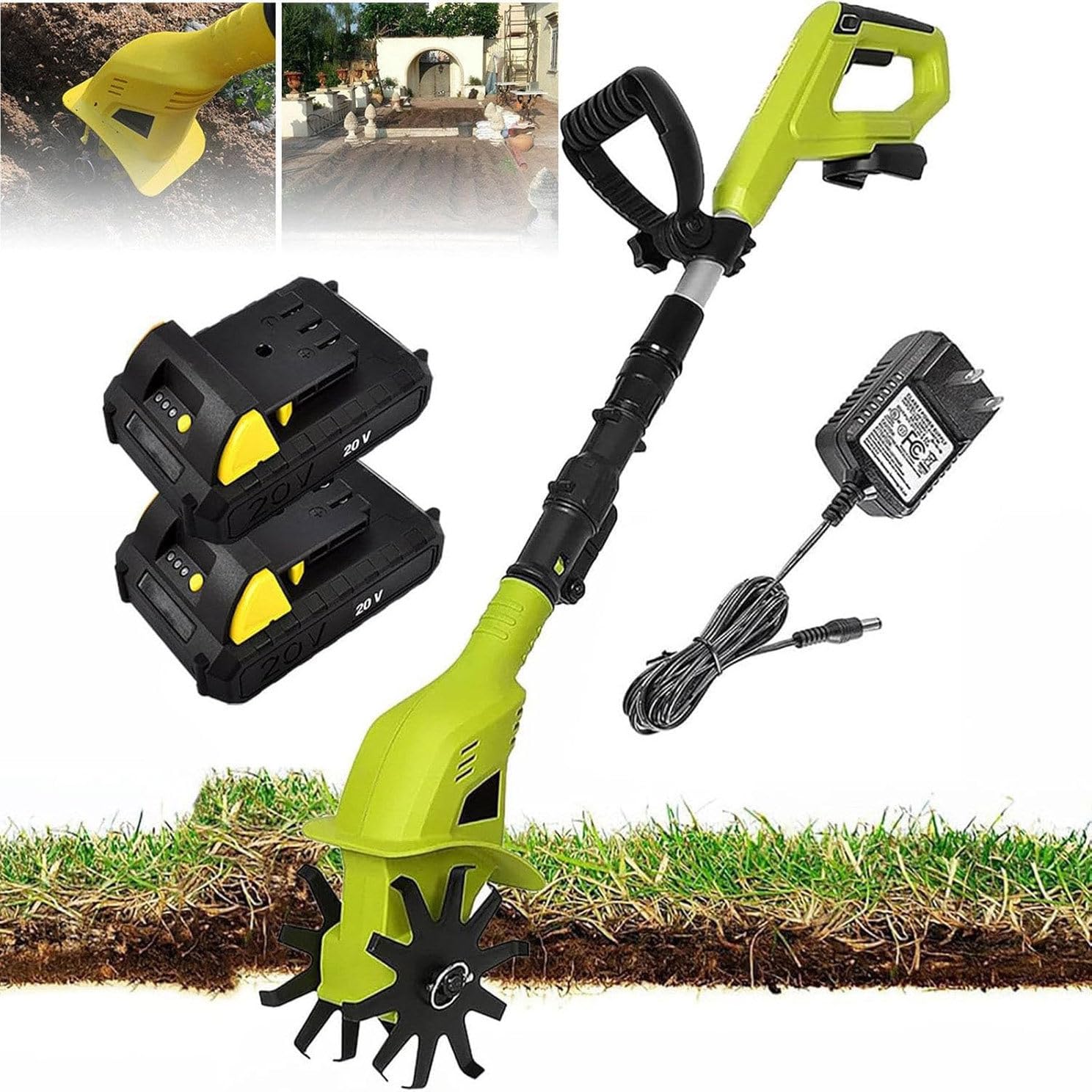 Zappa Elettrica da 20 V, Motore Senza Fili, Piccola Zappa da Giardino, Coltivatrice con Batteria da 2 Ah E Caricabatteria per Arare, Girare Il Terreno, Aprire Solchi, Diserbare,2batteries
