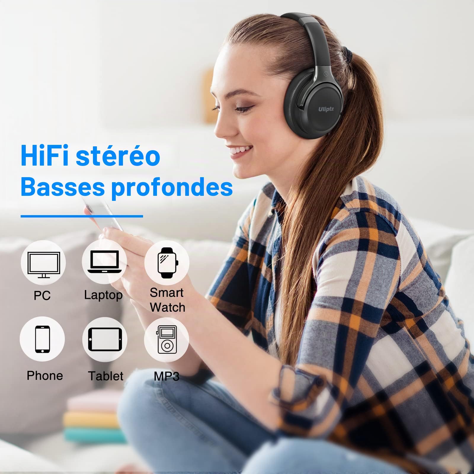 Uliptz Casque Bluetooth sans Fil, 65 Heures de d’écoute, 6 EQ du Son Modes, Casque stéréo HiFi avec Microphone, Pliable léger Casque Bluetooth 5.3 pour Voyage/Travailler/Téléphoner/PC