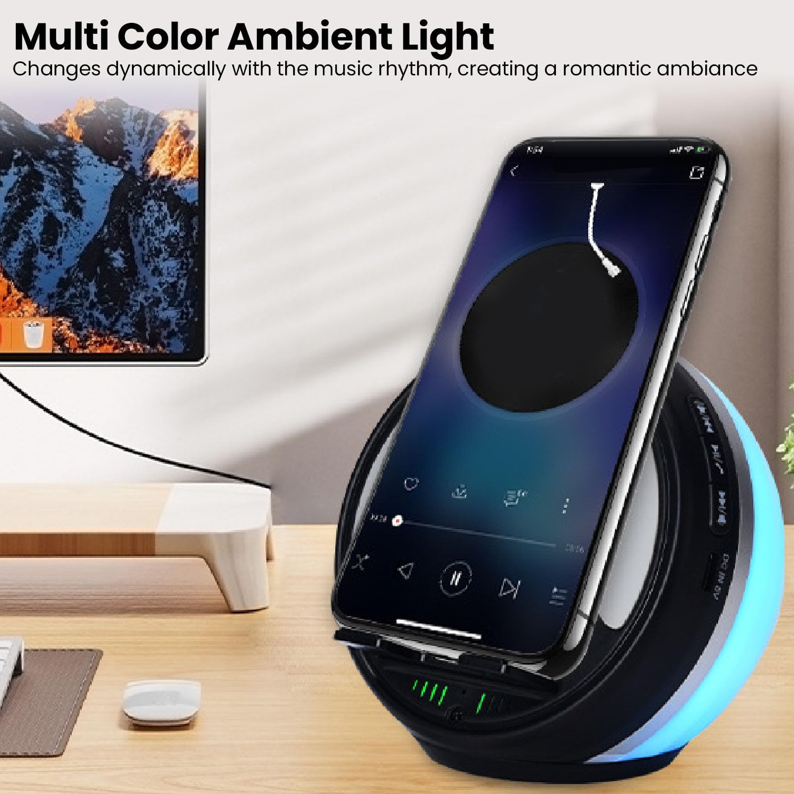 Sxhlseller Altoparlante Wireless a Induzione con Bluetooth 5.3, Cassa Audio Stereo HiFi da 2000 MAh con Luce Ritmica RGB, Docking Station Portatile in ABS per Tablet Smartphone (BLACK)