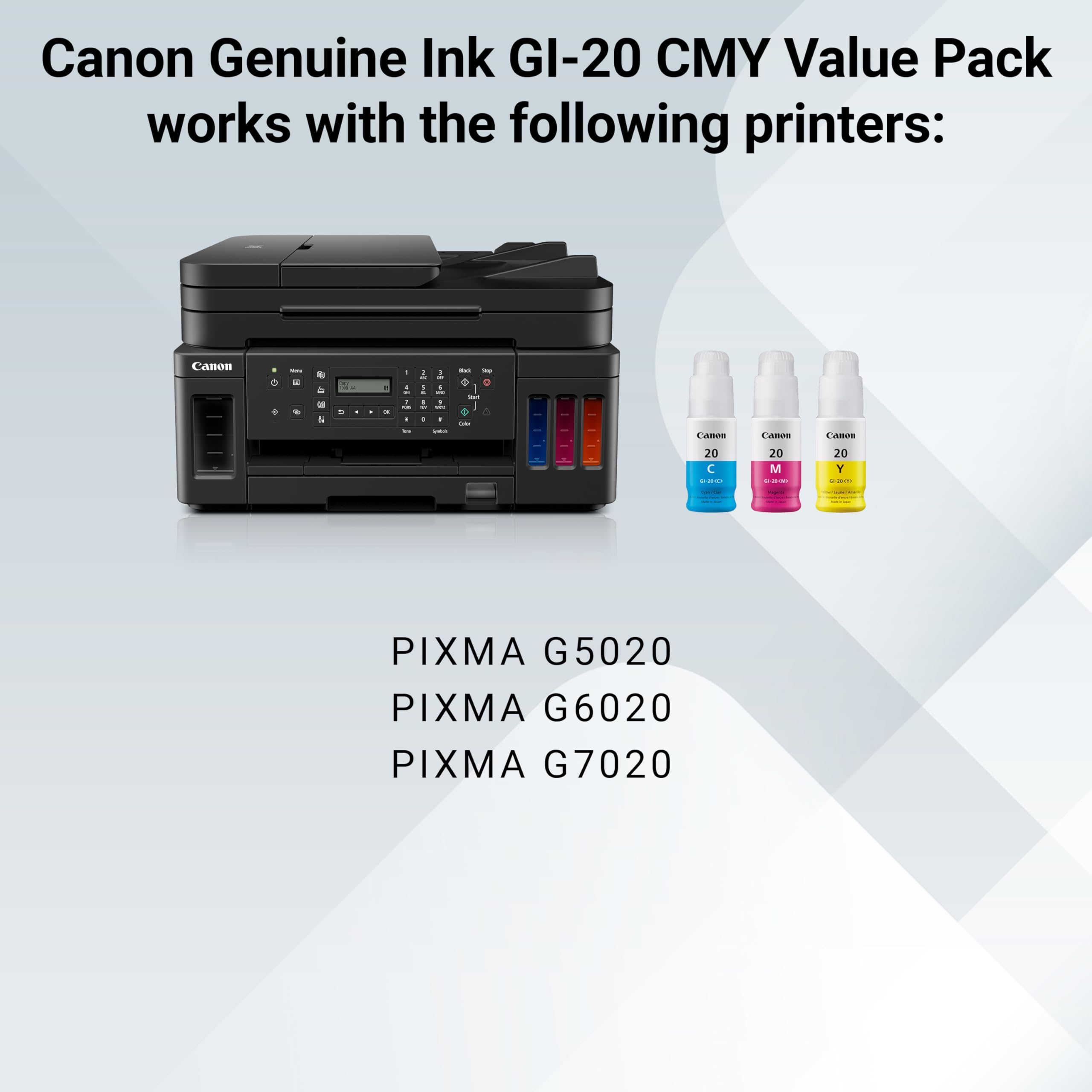 Canon GI-20 Genuine CMY Ink Bottle Value Pack, Compatible