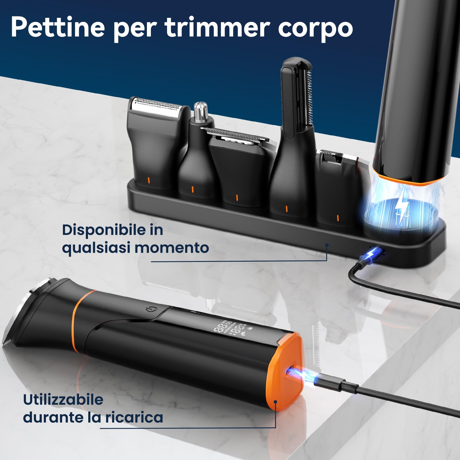 MAXGROOM Regolabarba Uomo 6 in 1, Rasoio Elettrico Barba con Due Velocità 6500/7000 giri/min, 120 Minuti Autonomia, Impermeabile IPX6 Rifinitore Barba con Testina Magnetica, Ricarica USB-C