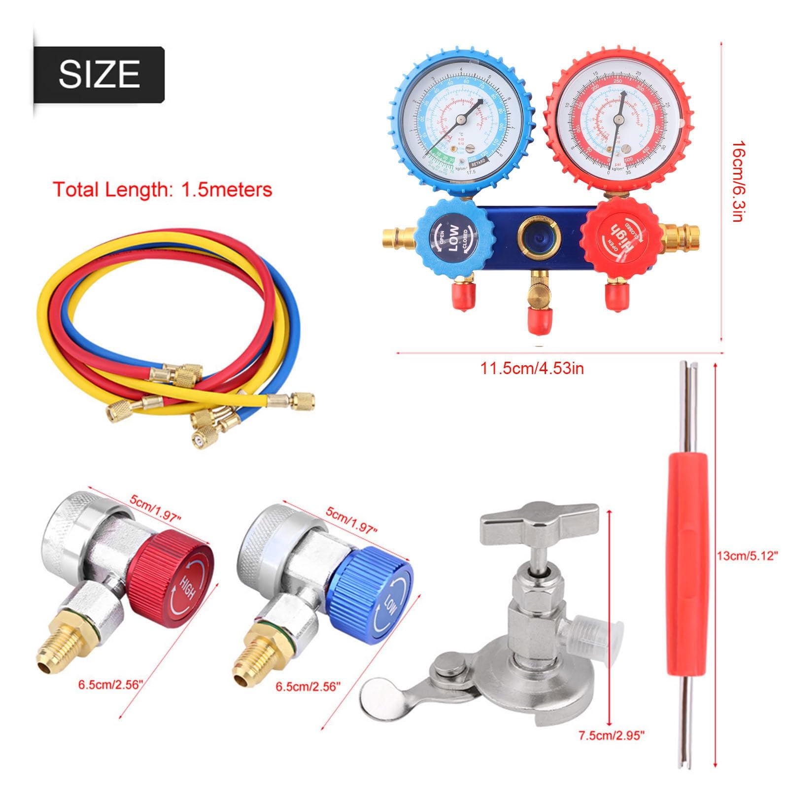Klimaanlage Monteurhilfe R134A Kältemittel-Manifold-Messgerät Set mit 5-Fuß Schlauchset, Schnellkupplung für Split-Systeme