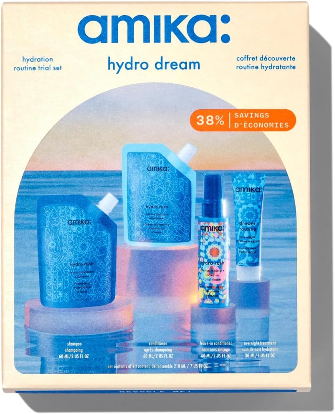 hydro dream hydration routine trial set - travel size hair care set with hydro rush intense moisture shampoo, conditioner, leave-in conditioner + overnight hair mask for dry strands (4 pieces)