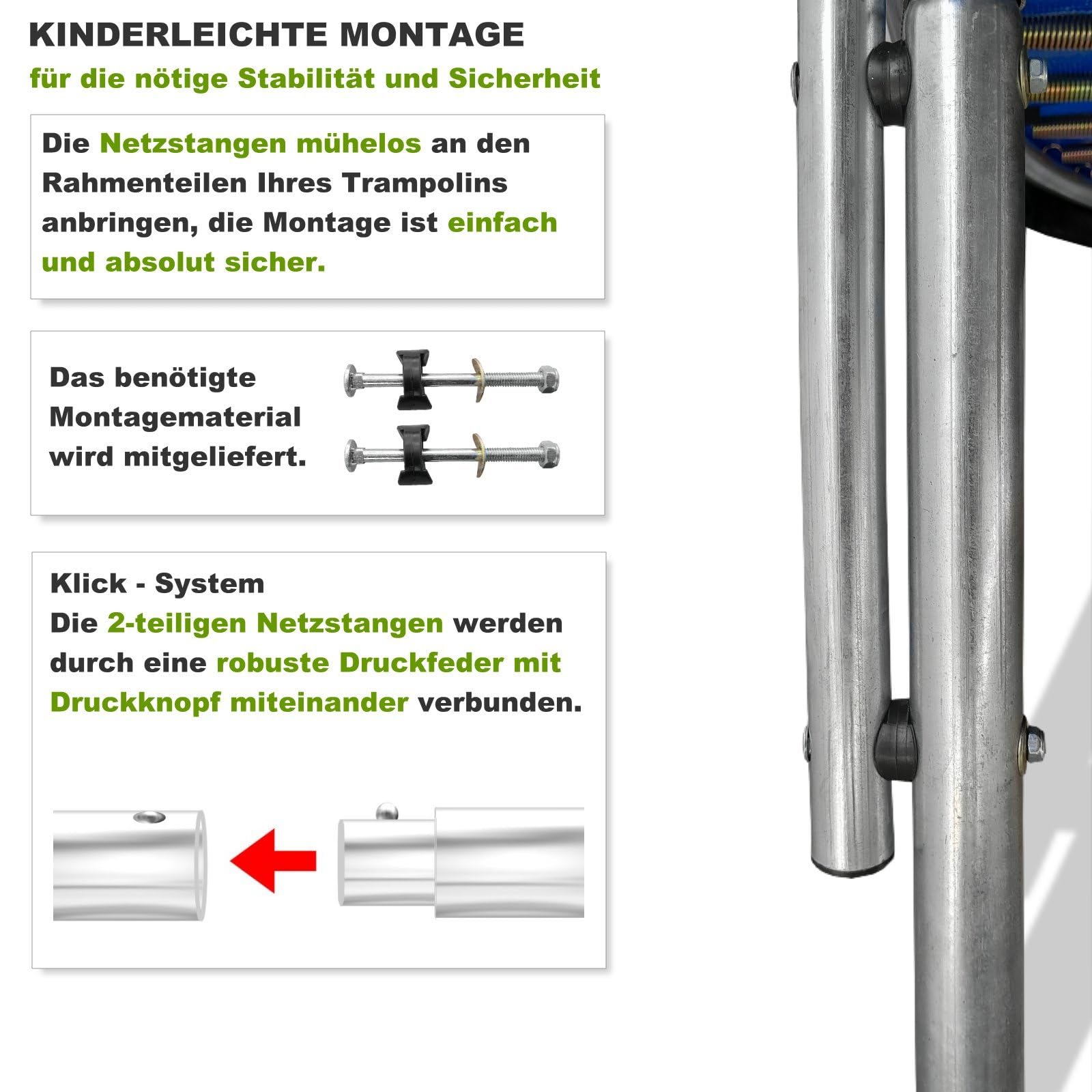 Trampolin Netzstangen (KN-SM) Verschiedene Längen für Trampolin Oudoor 183 244 250 275 300 305 335 366 370 396 400 427 430 457 460 487 490 cm Trampolin Stangen Ersatz