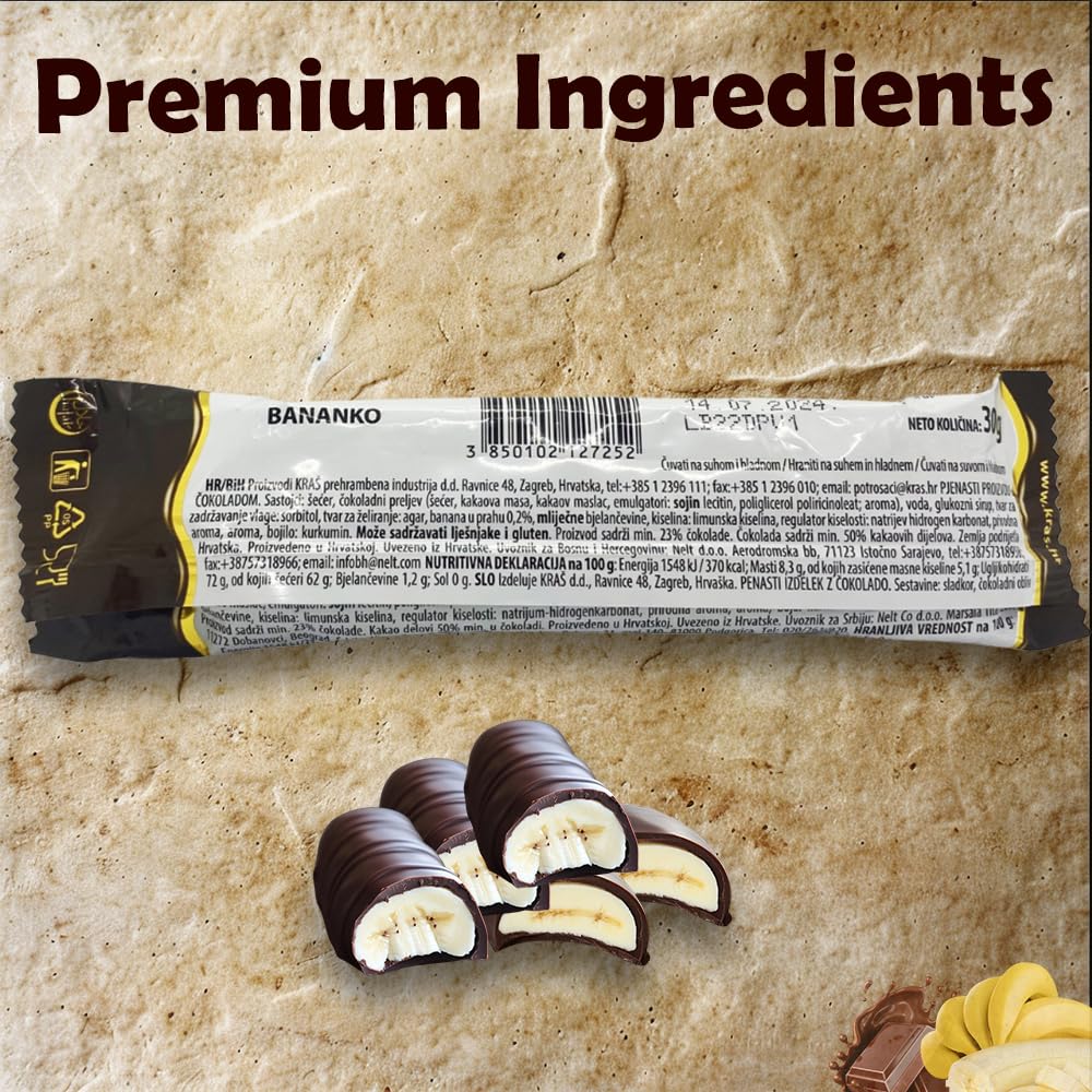 Kraš Bananko 120g - Mini banane con schiuma ricoperte di cioccolato irresistibilmente deliziose - Concediti ogni boccone di dolce felicità! Confezione da 5 (30G, 72 Pack)