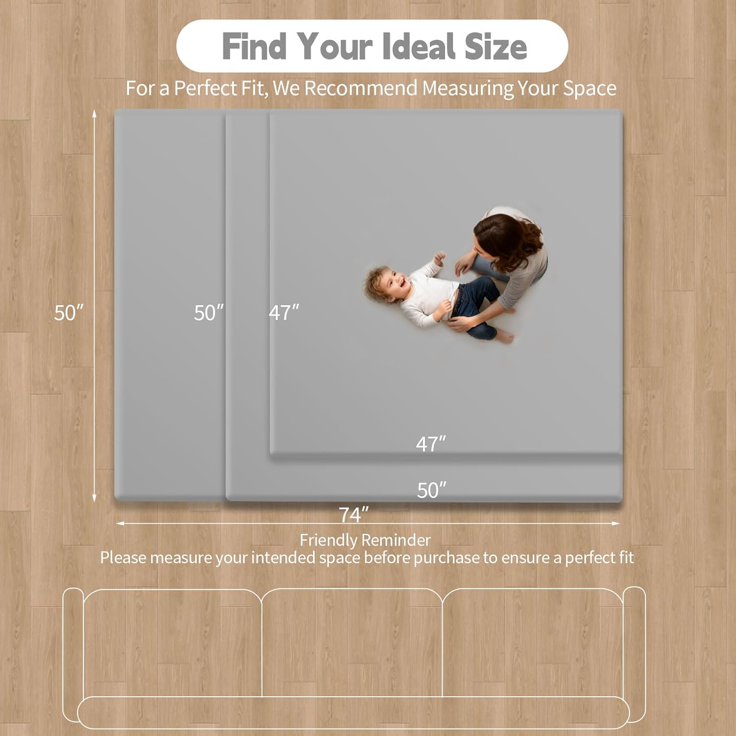 PU Leather Baby Play Mat for Floor, 50"×50" Playpen Mat, 1.3" Thick Elasti-Foam, Non-Slip Crawling Mat for Tummy Time, Waterproof & Wipe-Clean Playmat for Toddler,Infant, Kids (Grey）