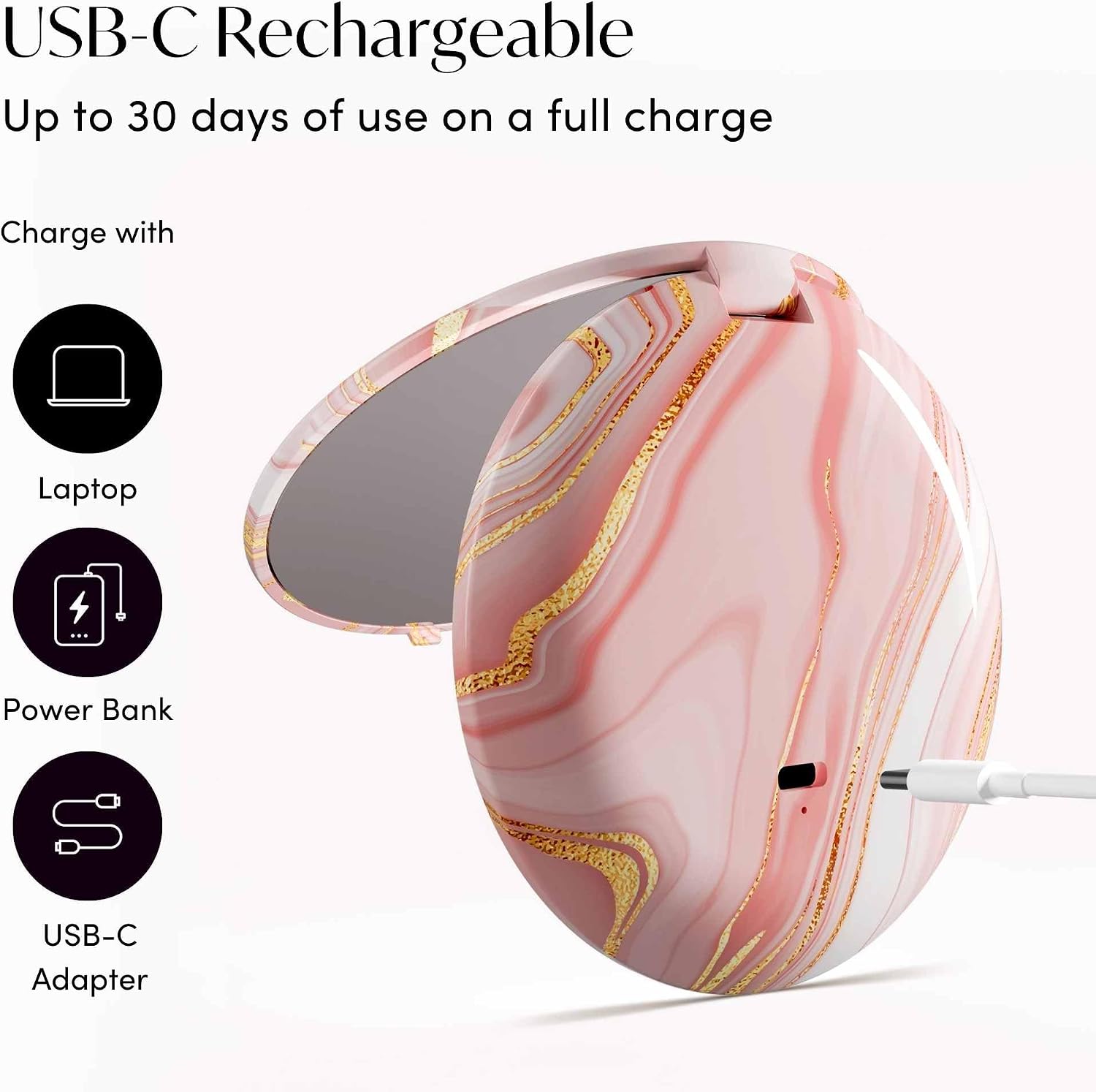 Fancii Mini Taylor Compact Magnifying Mirror with LED Light, 10x/1x, Rechargeable, 3 Light Settings, Dimmable - Small Lighted Travel Handheld Mirror for Pocket, Handbag, Purse, 2-Sided (Marble Rose)