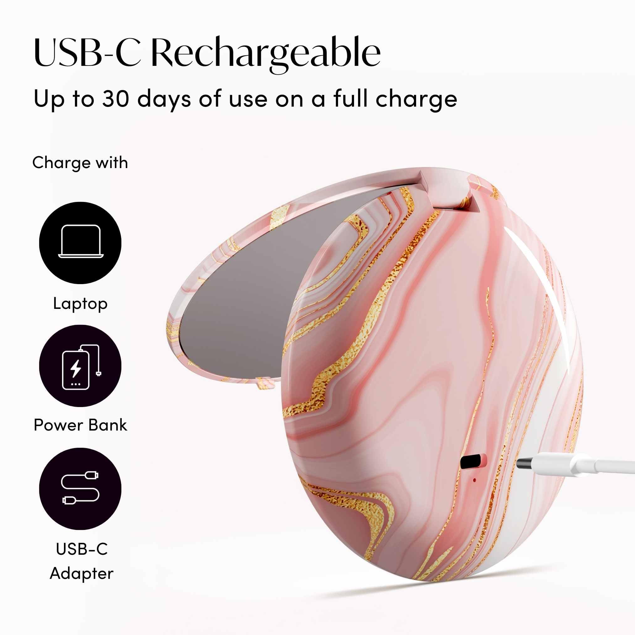 Fancii Mini Taylor - Espejo de aumento compacto con luz LED, 10x/1x, recargable, 3 ajustes de luz, regulable, pequeño espejo de mano iluminado para bolsillo, bolso, bolso, 2 caras (rosa mármol)