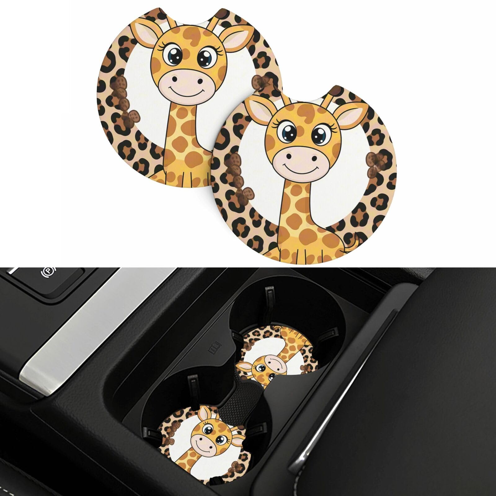 2 Pack Car Coasters,2.7" Universal Car Cup Holder Coasters Non-Slip Neoprene Cup Pad Mat Coaster Car Interior Accessories for Women Men Cute Giraffe