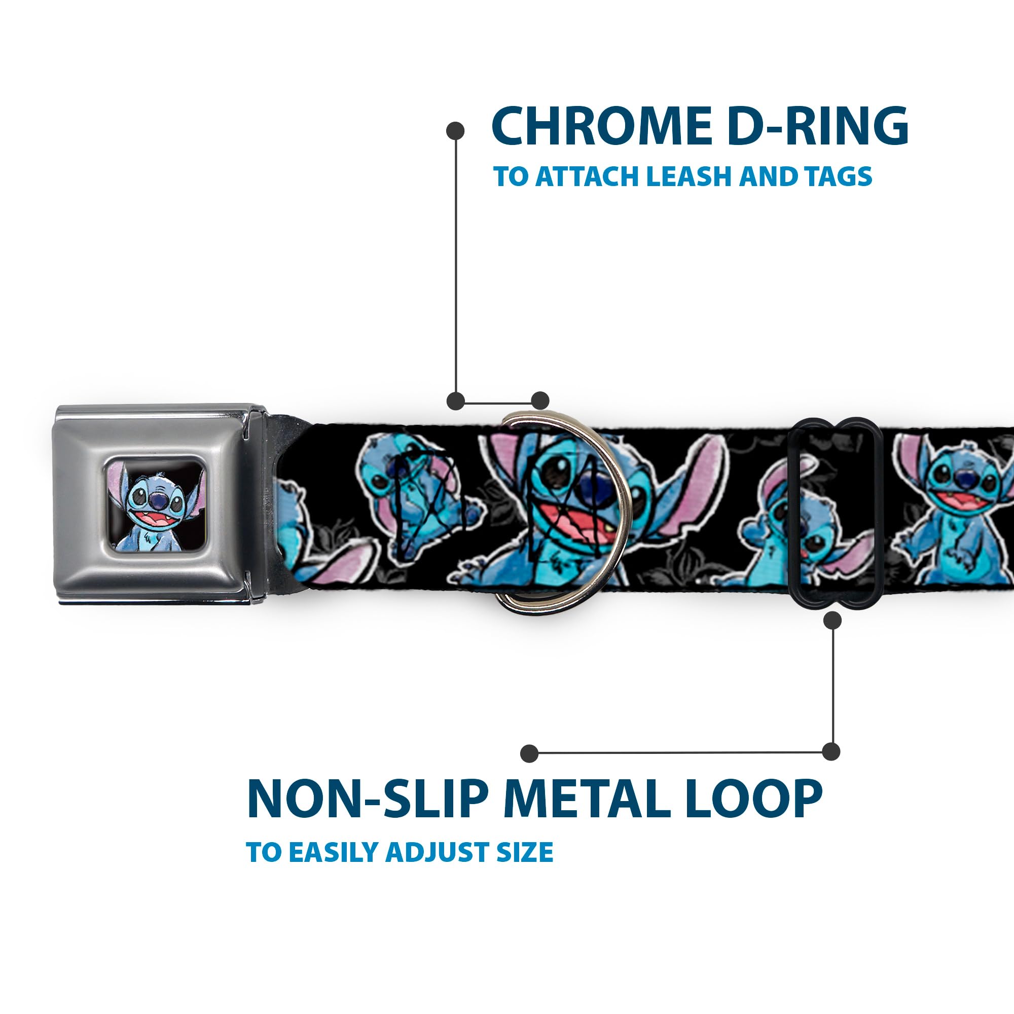 Buckle-Down Seatbelt Buckle Dog Collar - Stitch Poses/Hibiscus Sketch Black/Gray/Blue - 1.5" Wide - Fits 16-23" Neck - Medium