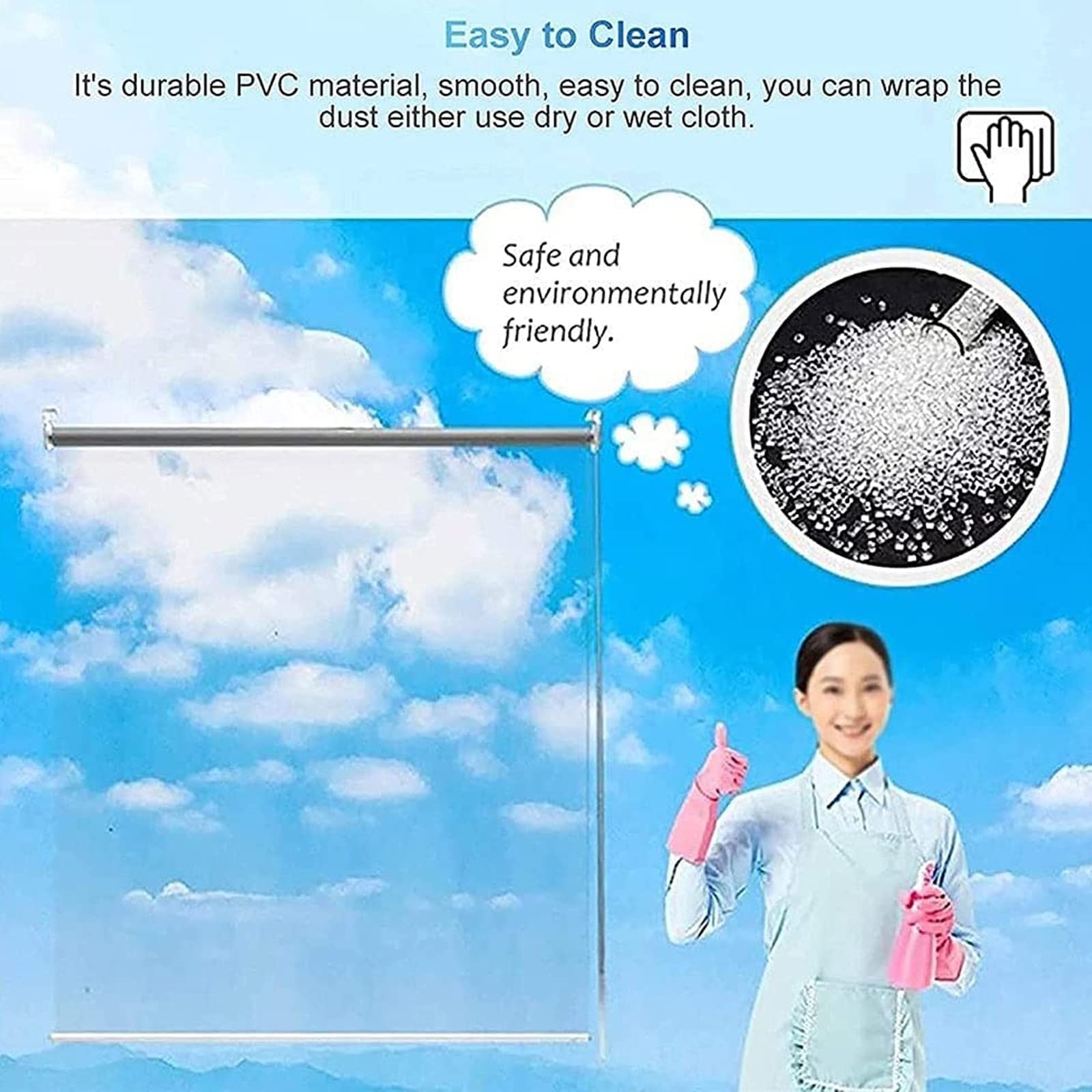 Przezroczysta roleta zaciemniająca, przezroczysta zasłona zwijana, rolety zwijane PCW, przezroczysta winylowa roleta, plastikowa zasłona okienna z okuciami, 110 x 220 cm