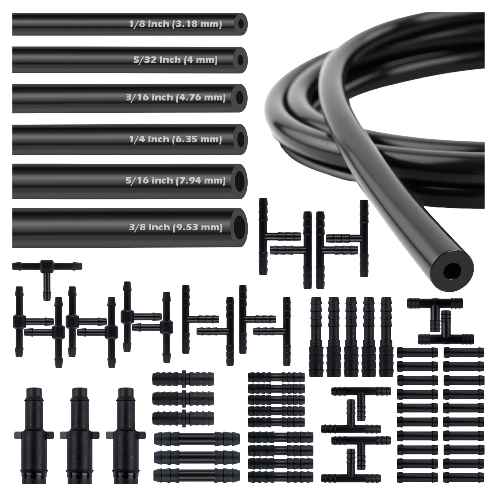 6 líneas de vacío de 5 pies para automóviles con 64 conectores, kit de manguera de vacío de silicona de varios tamaños que incluye ID 1/20.3 cm 5/81.3 cm 3/40.6 cm 1/10.2 cm 5/40.6 cm 3/20.3 cm, kit