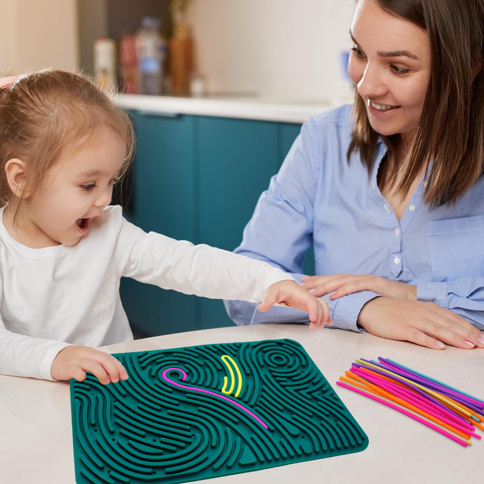 Montessori Silikonowa deska do aktywności sensorycznej, 30 x 20 cm, zabawka sensoryczna, dwustronna deska do aktywności z 40 strunami i torbą podróżną, uspokajająca ADHD autyzm zabawka dla dzieci