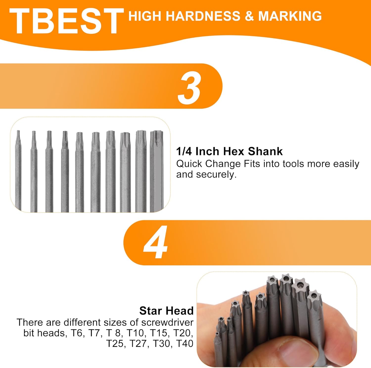 Security Torx Bit Set,10Pcs Magnetic Screwdriver Bit Sets, 1/4 Inch Hex Shank Steel Star Bit Set 100mm/3.94 in Length Drill Screwdriver BST Bits Set, T7, T 8, T10, T15, T20, T25,