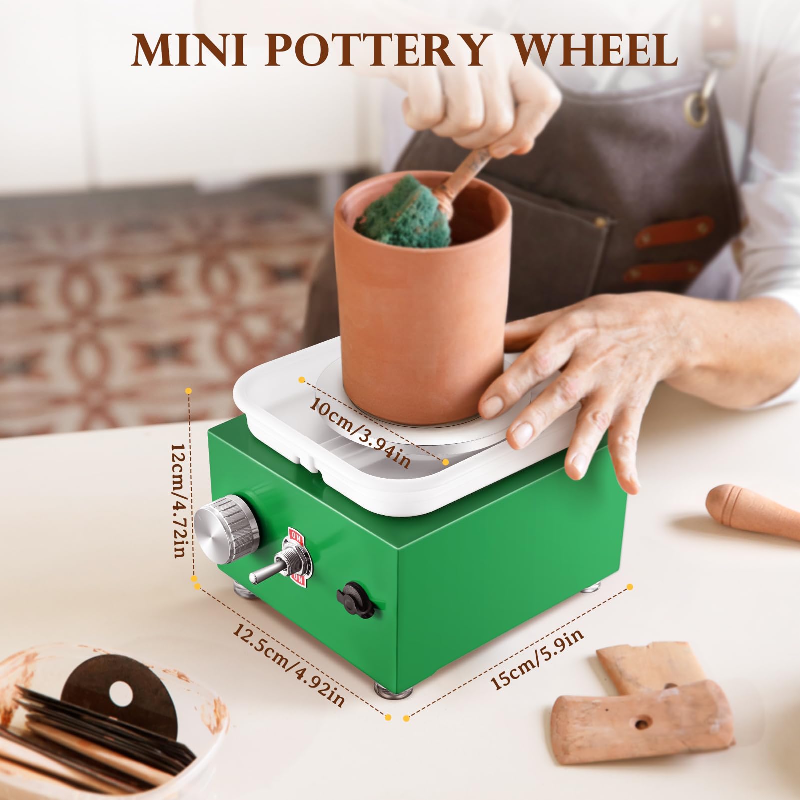 Torno Alfarero, Kooeuru Torno Ceramica 2000RPM Velocidad Ajustable con Placas de 10/6,5 cm, Herramientas de Modelado y Cuenco Extraíble, Torno Alfarero Niños y Adultos (Verde)