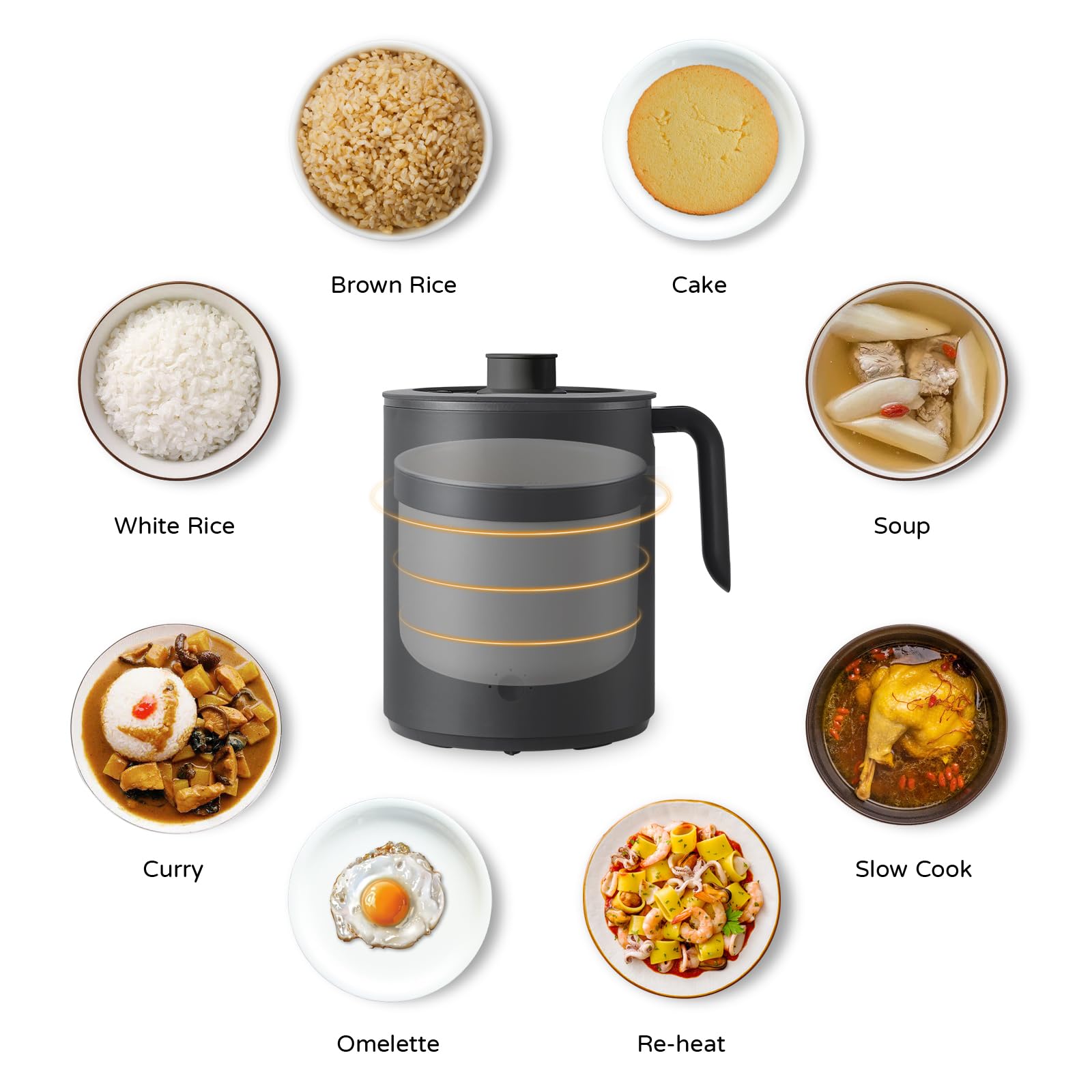 OCTAVO 2 Cup Rice Cooker Mini Small Size 5 Preset Function with 4/6/8 Delay Timer, 1.0L Rice Cooker with Portable Handle, Simplicity Glass Lid Small Rice Cooker for 1-2 People, Rice maker, black