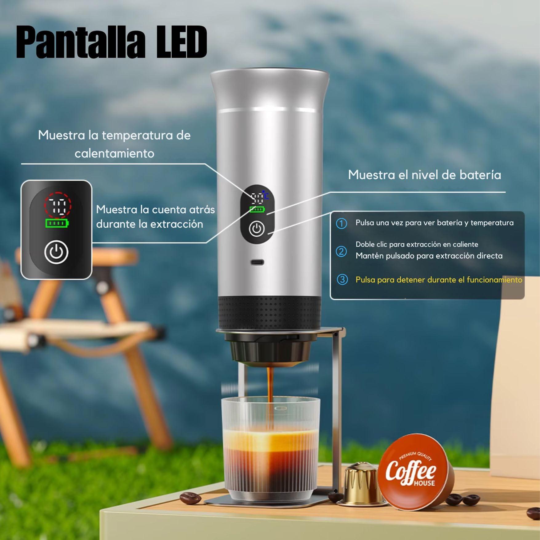 Kubiq Cafetera portátil espresso 20 bares con pantalla LED, Máquina de café 80 ml compatible con cápsulas y café molido, Carga USB-C para coche u oficina, Ideal para viaje, Presión profesional