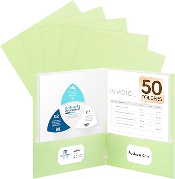 50 Packs Two Pocket Folders,Two Pocket File Folders with Business Card Slot,Light Green,Letter Size,Paper Folders with Pockets for School Office Home Business
