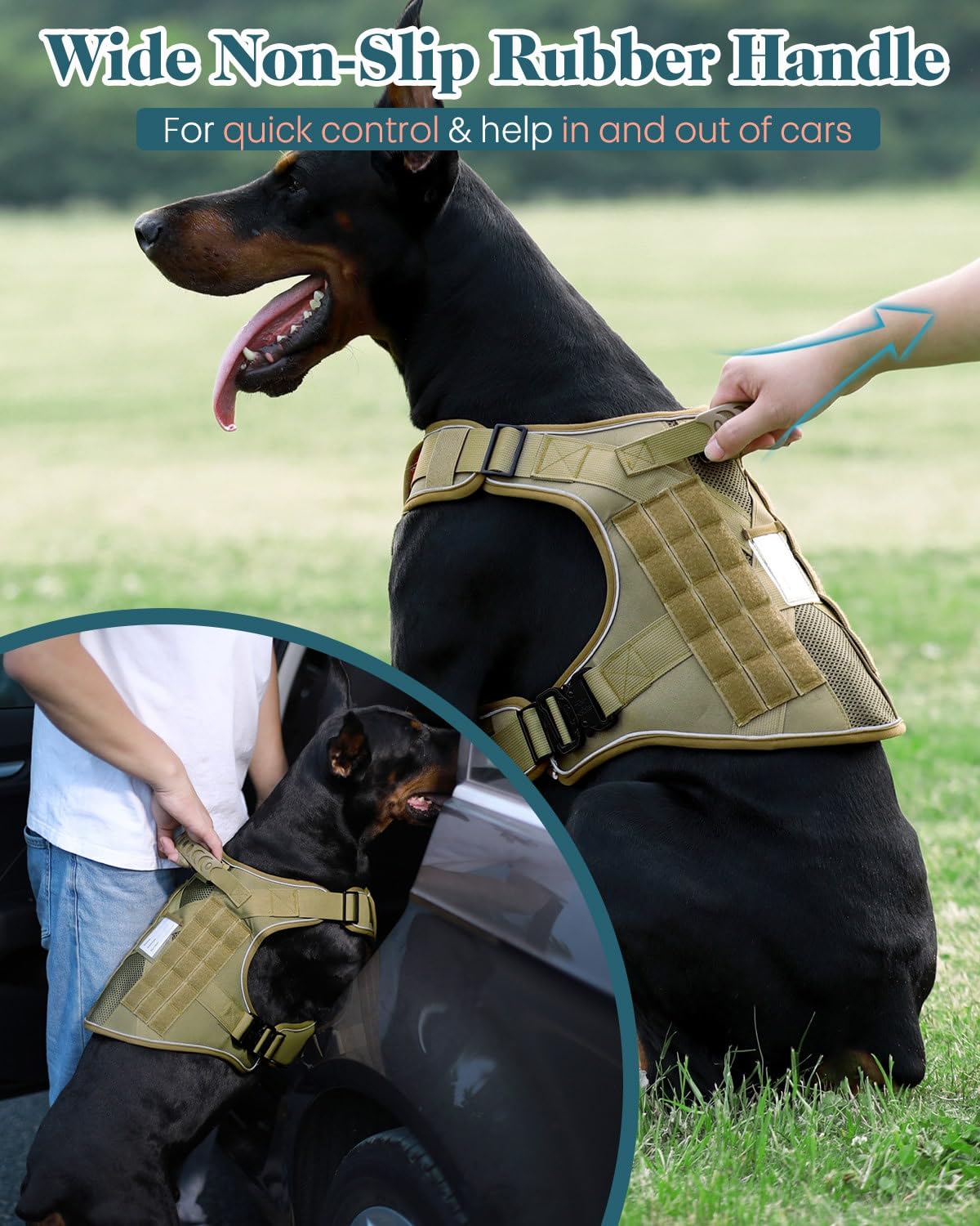 Taktisches Hundegeschirr, strapazierfähig, Netzgewebe, atmungsaktiv, kein Ziehen, Kontrollgriff, Klettverschluss, Molle-Panel mit 6 abnehmbaren Ptaches für Spaziergänge, Training, Wandern
