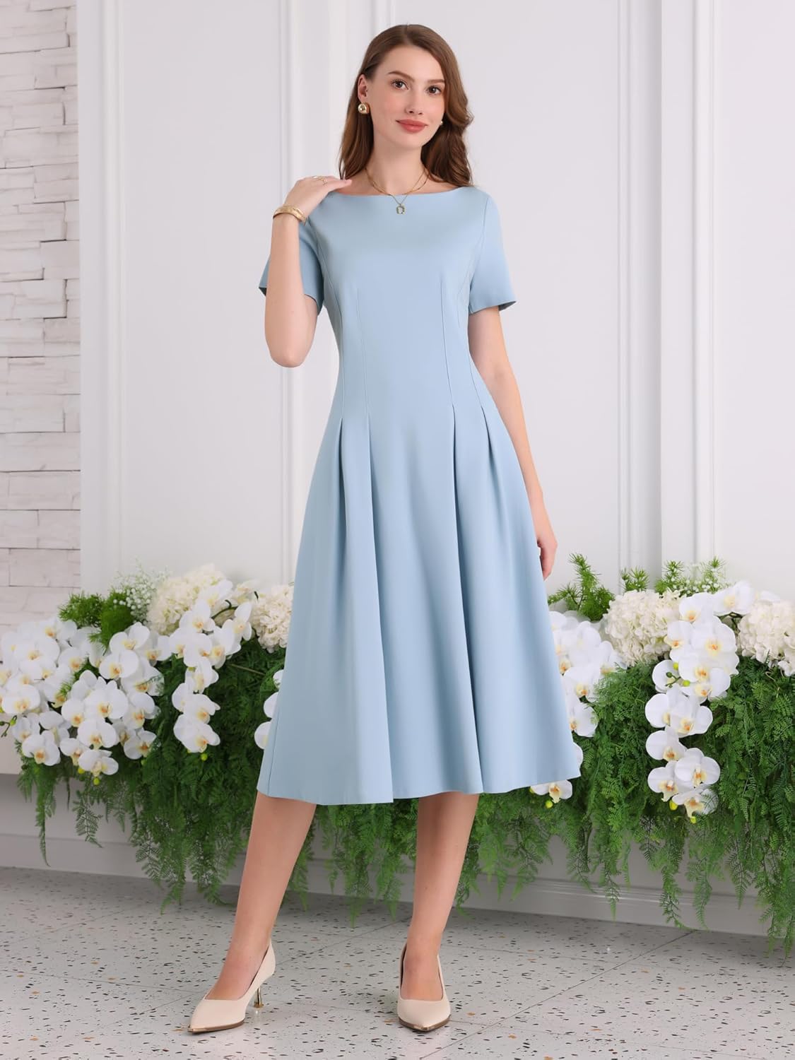 Women's Boat Neck Dresses Church Work A-Line Midi Dress - Image 2