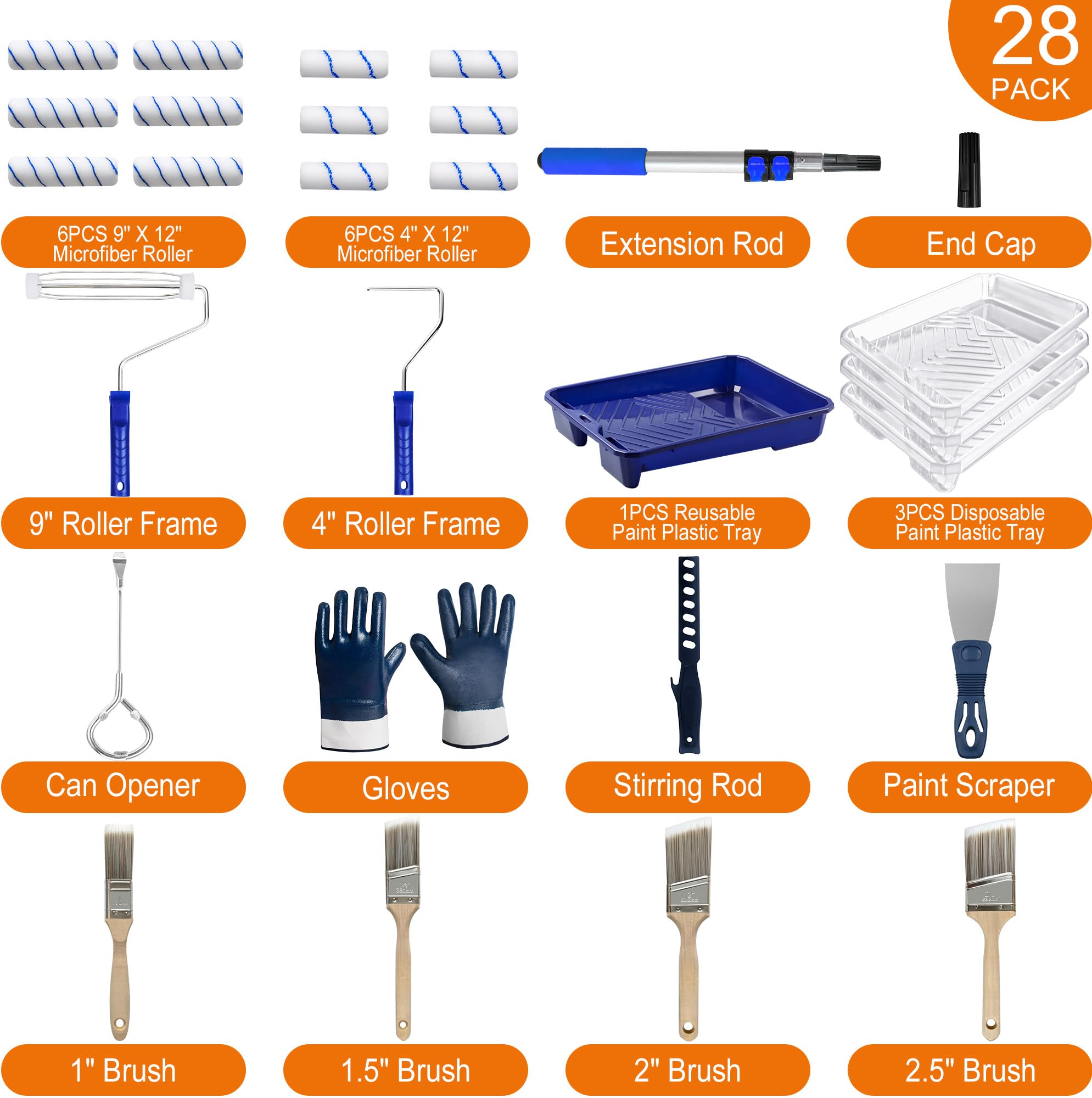 Farbroller-Set mit Verlängerungsstange, 10,2 cm und 22,9 cm, inklusive Handschuhen, Farbwanne, flachem Pinsel, Schaber usw., für professionelle Hausmalerei und Ölfarben, 28-teilig